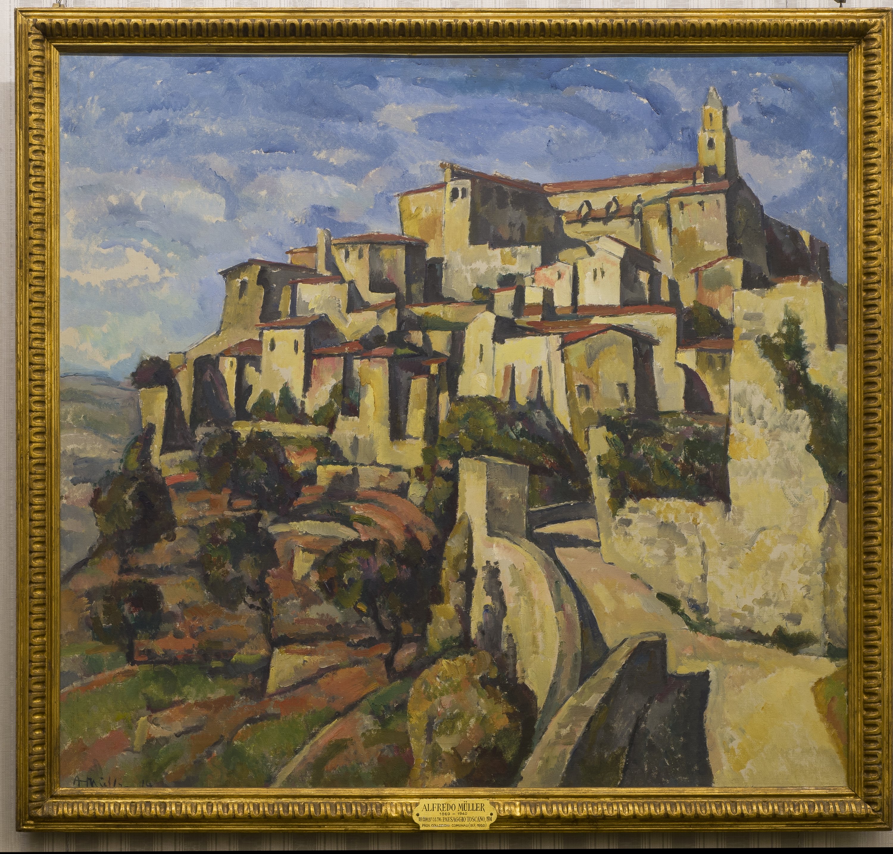 Paesaggio toscano, paesaggio con paese (dipinto) di Muller Alfredo (sec. XX)
