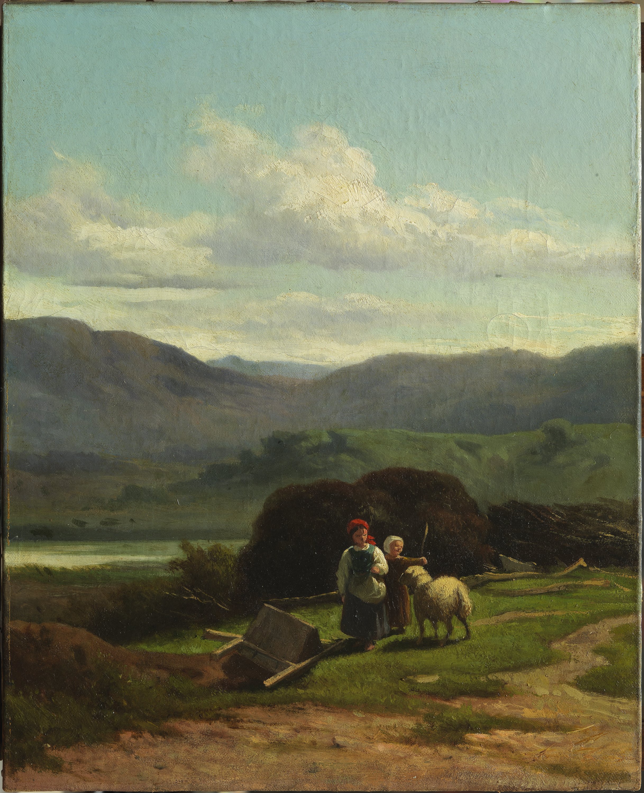 Paese con due bambini, paesaggio con figure (dipinto) di Gelati Lorenzo (sec. XIX)