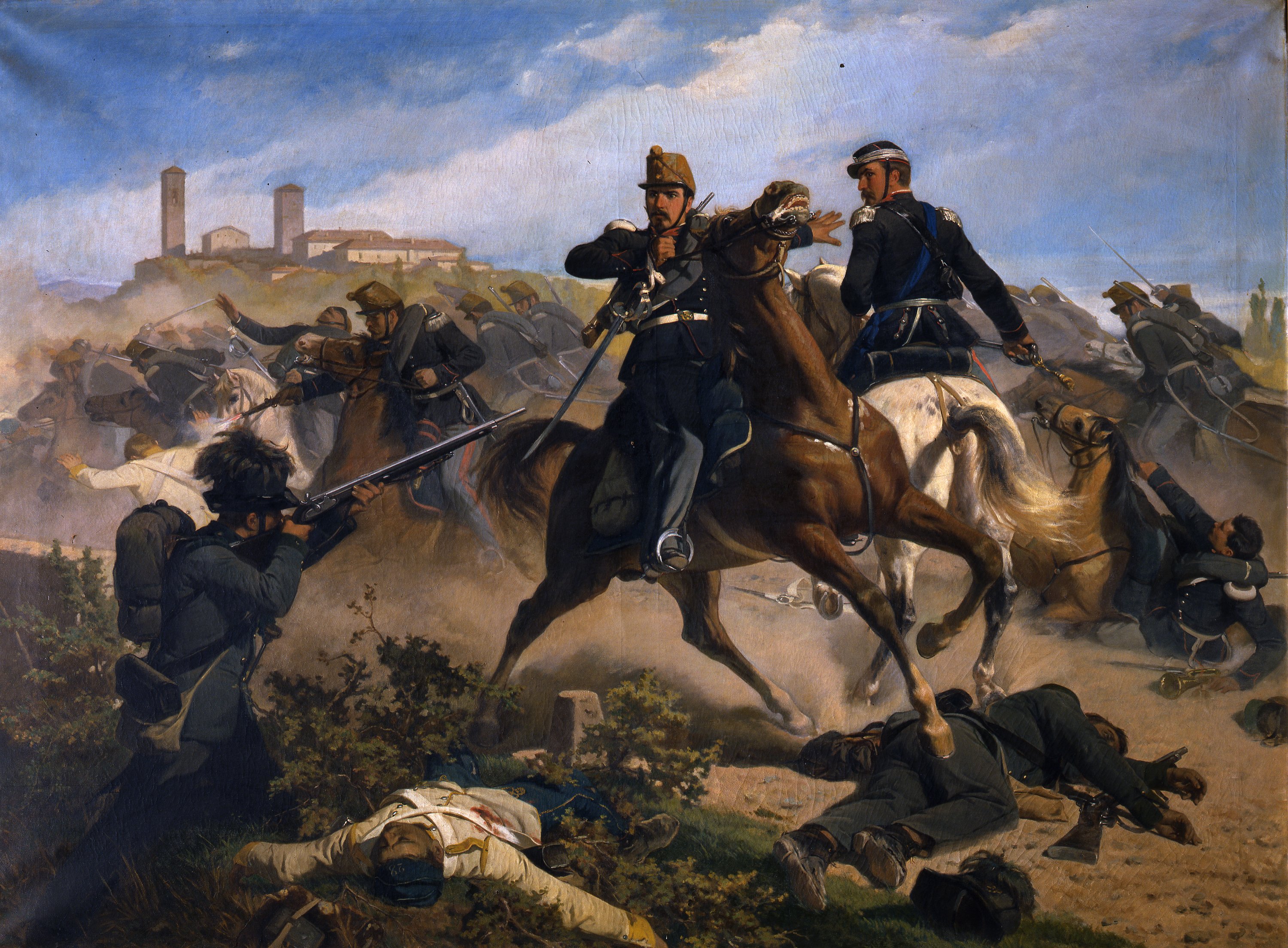 Il Marchese Fadini salva a Montebello il generale De Sonnaz, scena di battaglia (dipinto) di Bechi Luigi (sec. XIX)
