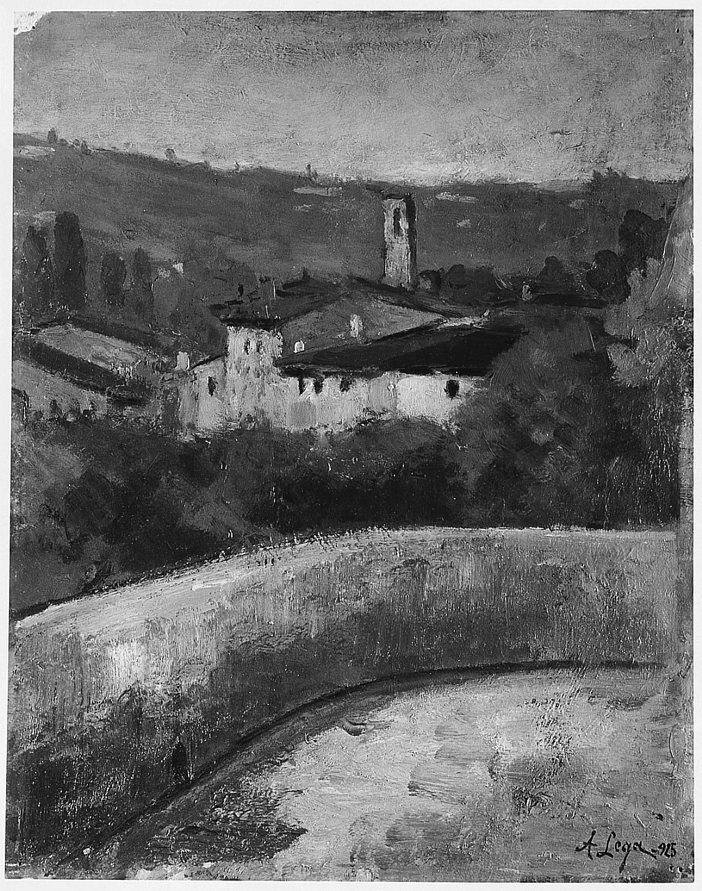 Svolta di strada, paesaggio rurale (dipinto) di Lega Achille (sec. XX)
