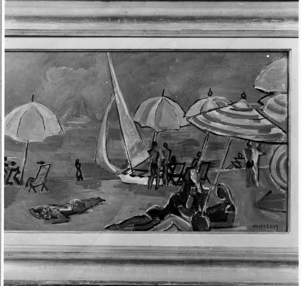 Marina grigia, spiaggia con bagnanti (dipinto) di Levy Moses (sec. XX)
