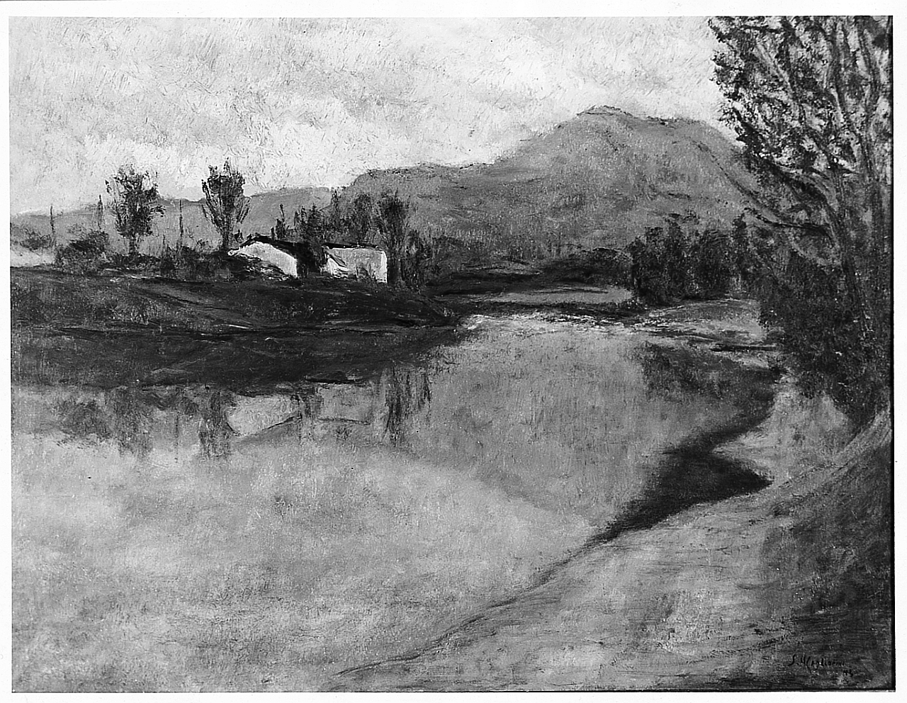 Sera sullArno, paesaggio fluviale (dipinto) di Migliorini Sergio (sec. XX)
