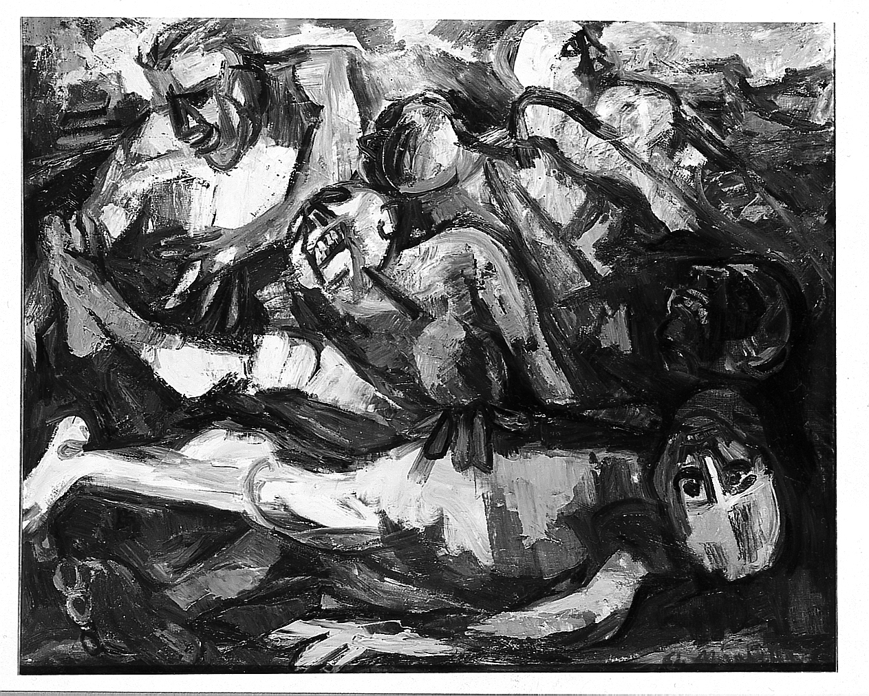 Massacro, figure maschili (dipinto) di Mirabella Saro (sec. XX)