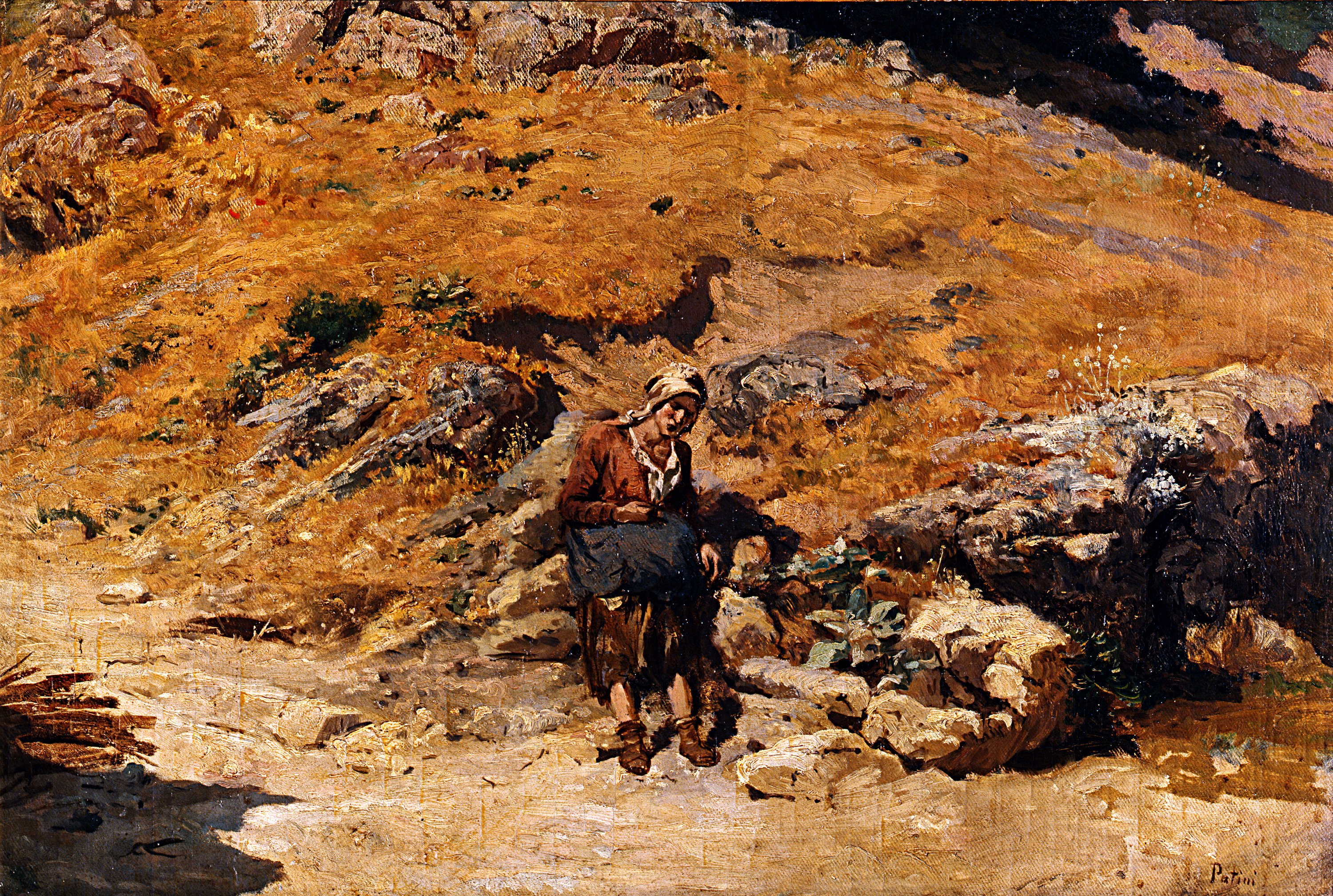 Studio per bestie da soma, paesaggio con contadine (dipinto) di Patini Teofilo (sec. XIX)