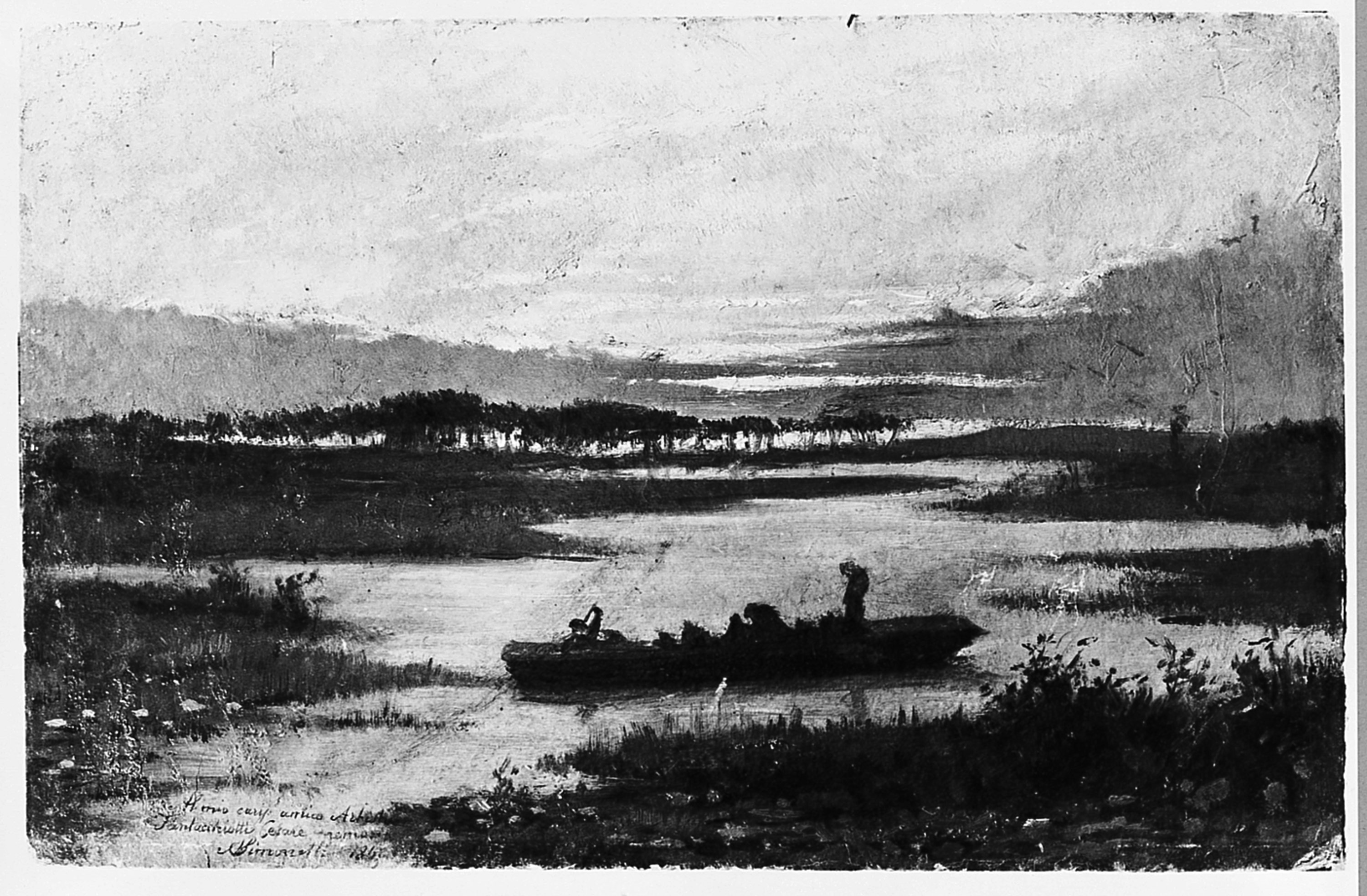 Campagna romana al tramonto, paesaggio fluviale della campagna romana (dipinto) di Simonetti Alfonso (sec. XIX)