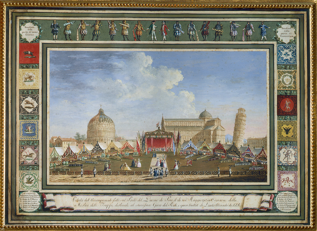 accampamento delle truppe destinate al gioco del ponte nella piazza del duomo a Pisa (dipinto) di Terreni Giuseppe Maria (fine sec. XVIII)