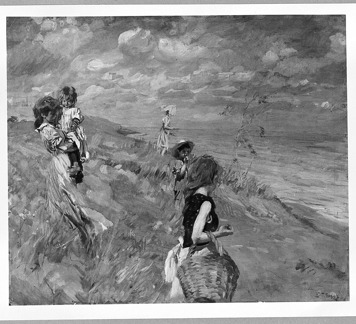 Le dune, paesaggio marino con figure (dipinto) di Tito Ettore (sec. XX)