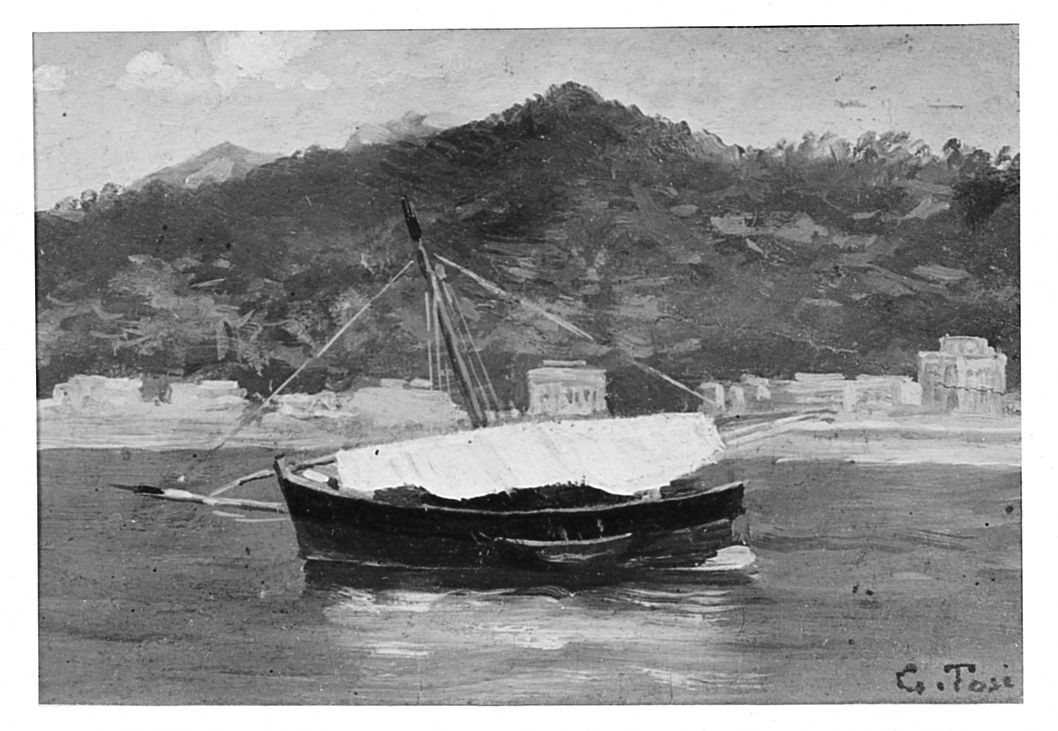 paesaggio marino con barca (dipinto) di Tosi G (sec. XX)