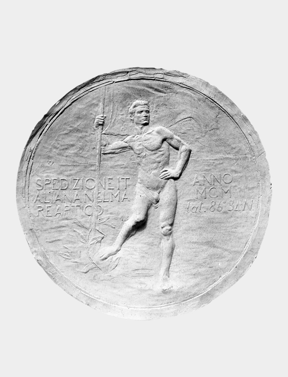 Medaglione commemorativo per la spedizione italiana nel Mare Artico, figura maschile (calco di medaglione) di Trentacoste Domenico (sec. XX)