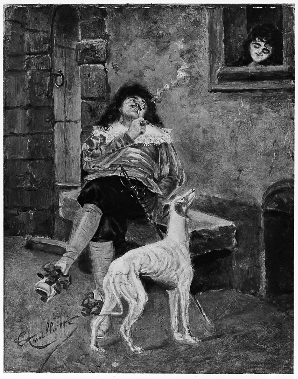 Mousquetaire et soubrette, figura maschile con cane (dipinto) di Ancillotti Torello (sec. XIX)