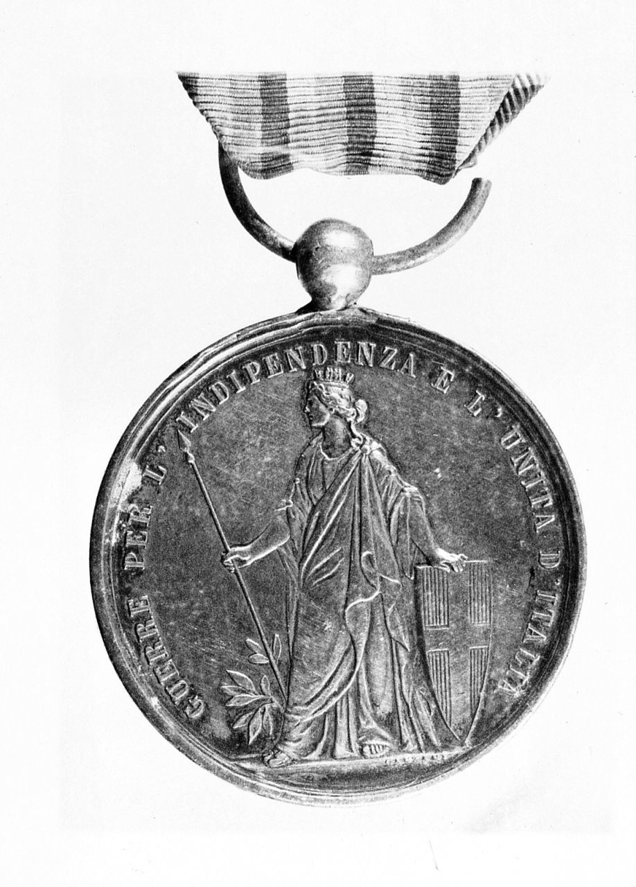 Ritratto di Vittorio Emanuele II. Medaglia al valore sul campo conferita a Torello Ancillotti, (r.), figura allegorica femminile (medaglia) - ambito italiano (sec. XIX)