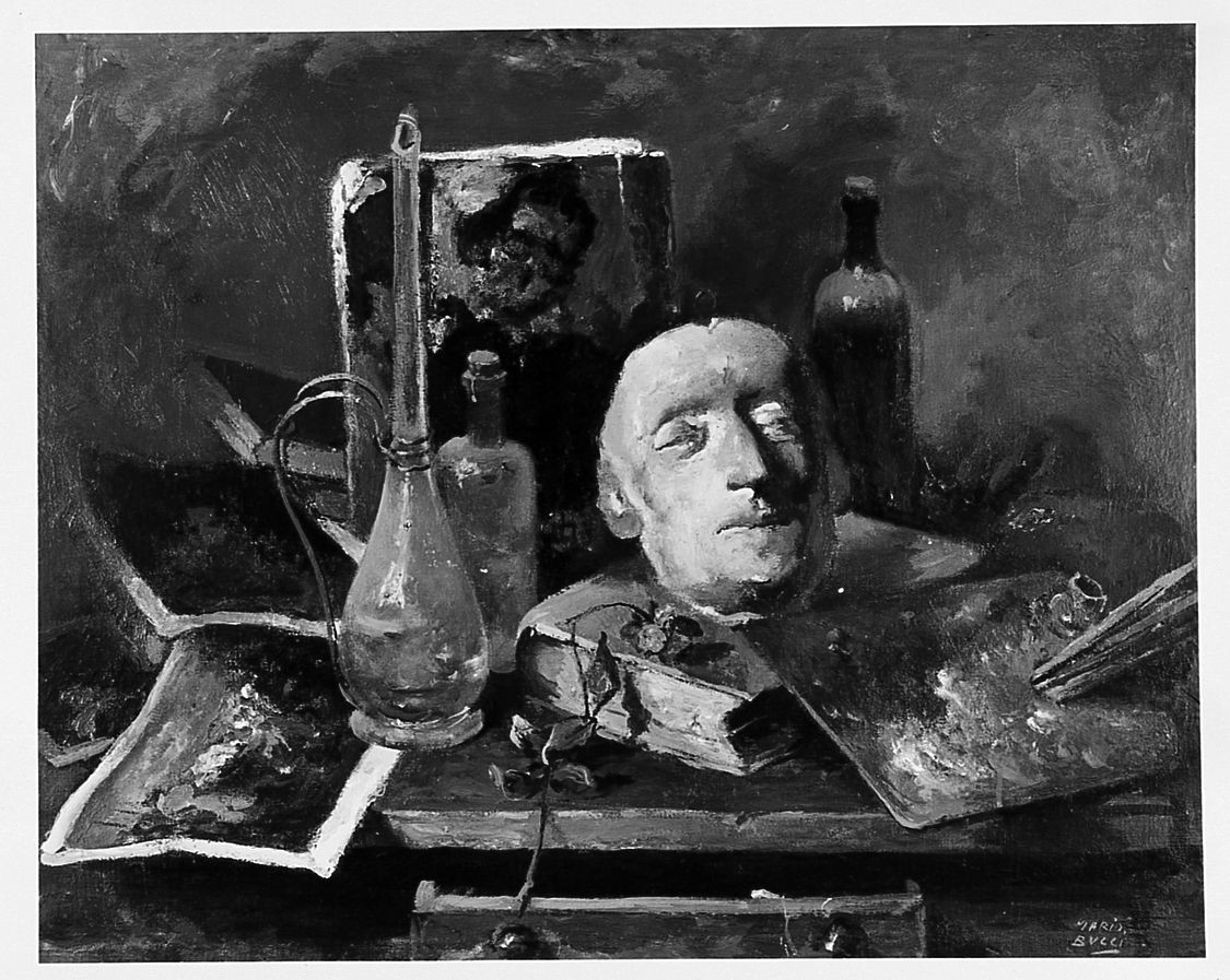 La maschera di gesso, natura morta (dipinto) di Bucci Mario (sec. XX)