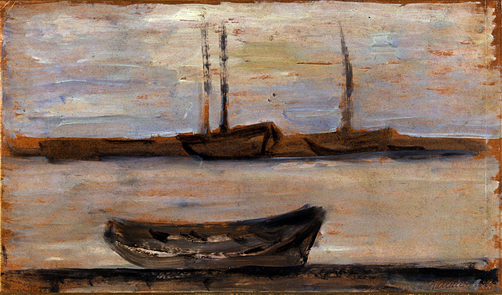 Barche a Viareggio, paesaggio marino con barche (dipinto) di Marcucci Mario (sec. XX)
