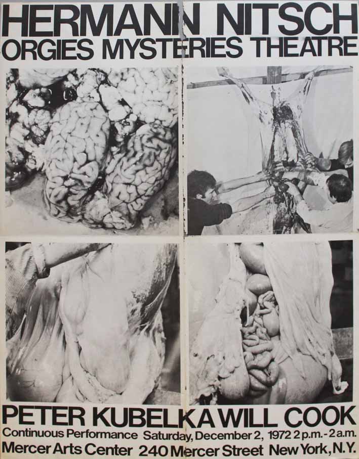 Tre immagini di materiale organico, nella quarta tre uomini che eviscerano un animale (manifesto) di Hermann Nitsch (attribuito) - ambito americano (XX sec)