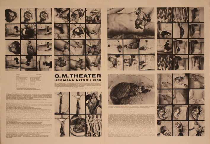 Immagine composita di due stampe con dei immagini relativi alle performances di Hermann Nitsch e dei suoi testi teorici (manifesto) di Hermann Nitsch (attribuito) - ambito austriaco (seconda metà XX sec)
