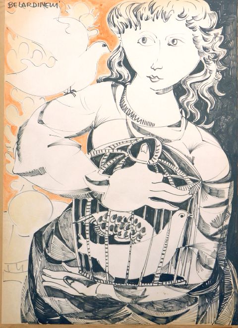 Donne con colombe, fanciulla con colombe (disegno) di Belardinelli Giordano (sec. XX)