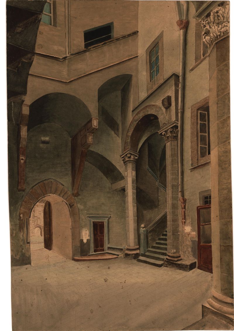 veduta del cortile di Palazzo Davanzati (disegno) di Angeli Federigo (sec. XX)