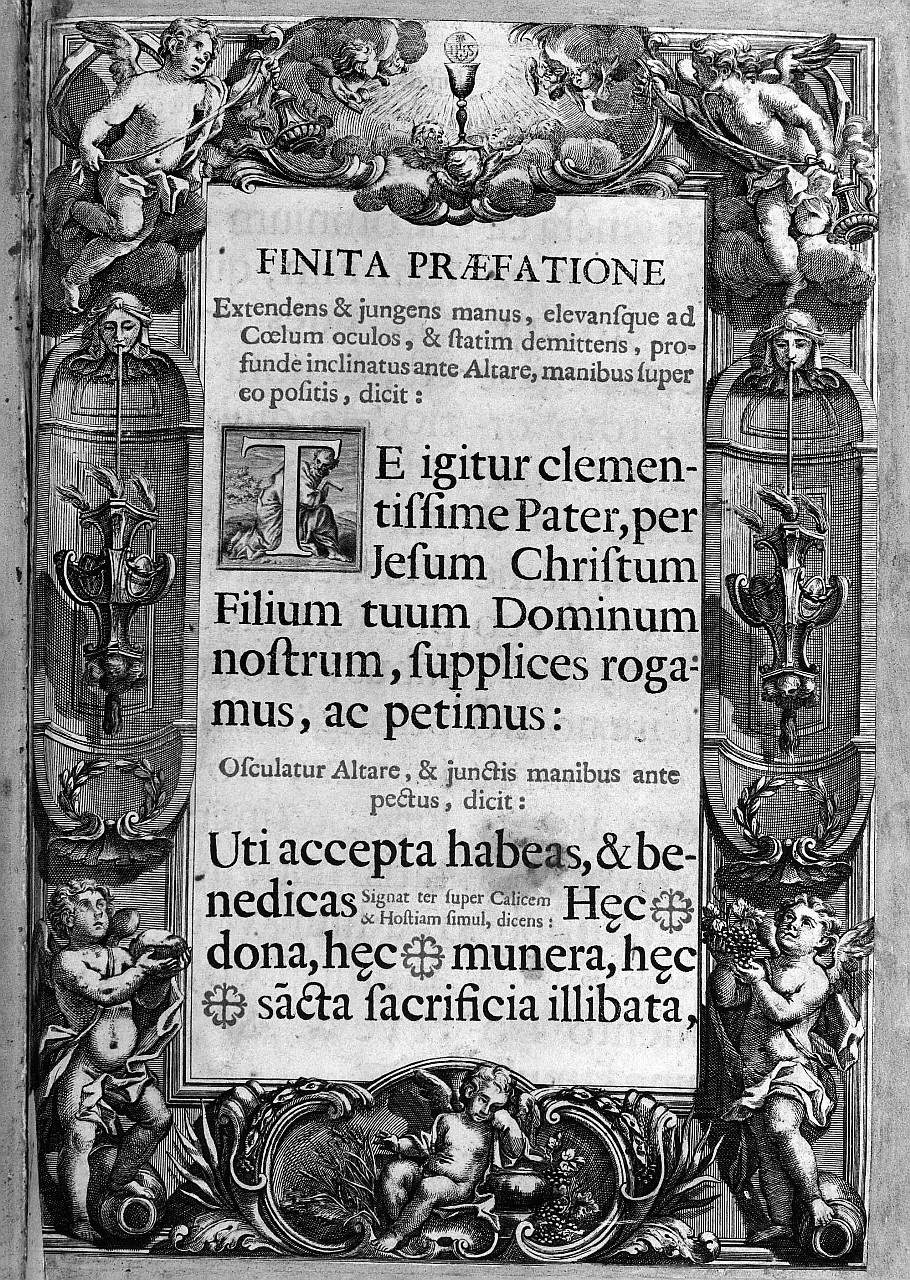 cherubini che adorano il calice eucaristico e motivi decorativi (stampa) - ambito romano (sec. XVIII)