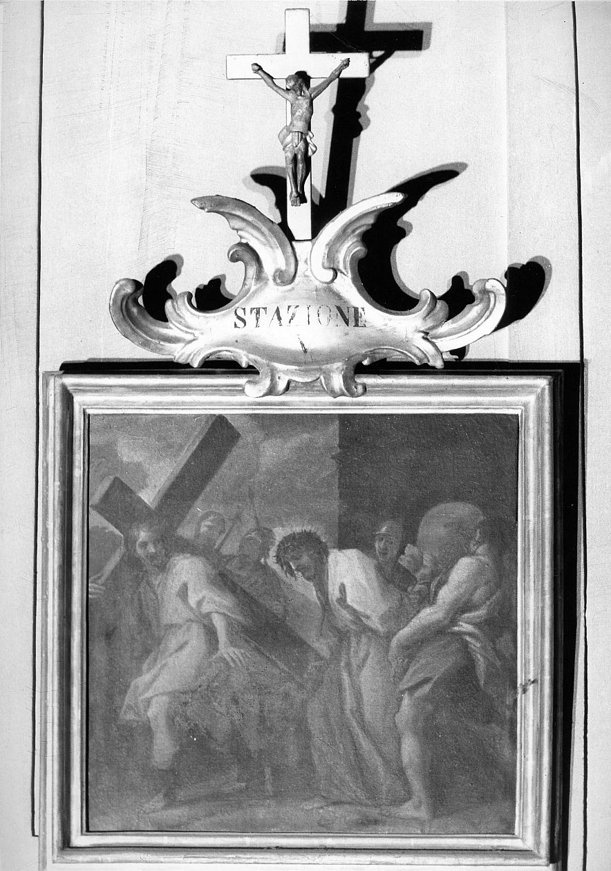 stazione V: Gesù aiutato da Simone il Cireneo a portare la croce (dipinto) di Pinzani Giuseppe (prima metà sec. XVIII)