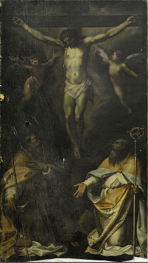 Crocifissione tra San Spes e Sant'Eutizio (dipinto, opera isolata) di Roncalli Cristoforo detto Pomarancio (attribuito) (sec. XVII)