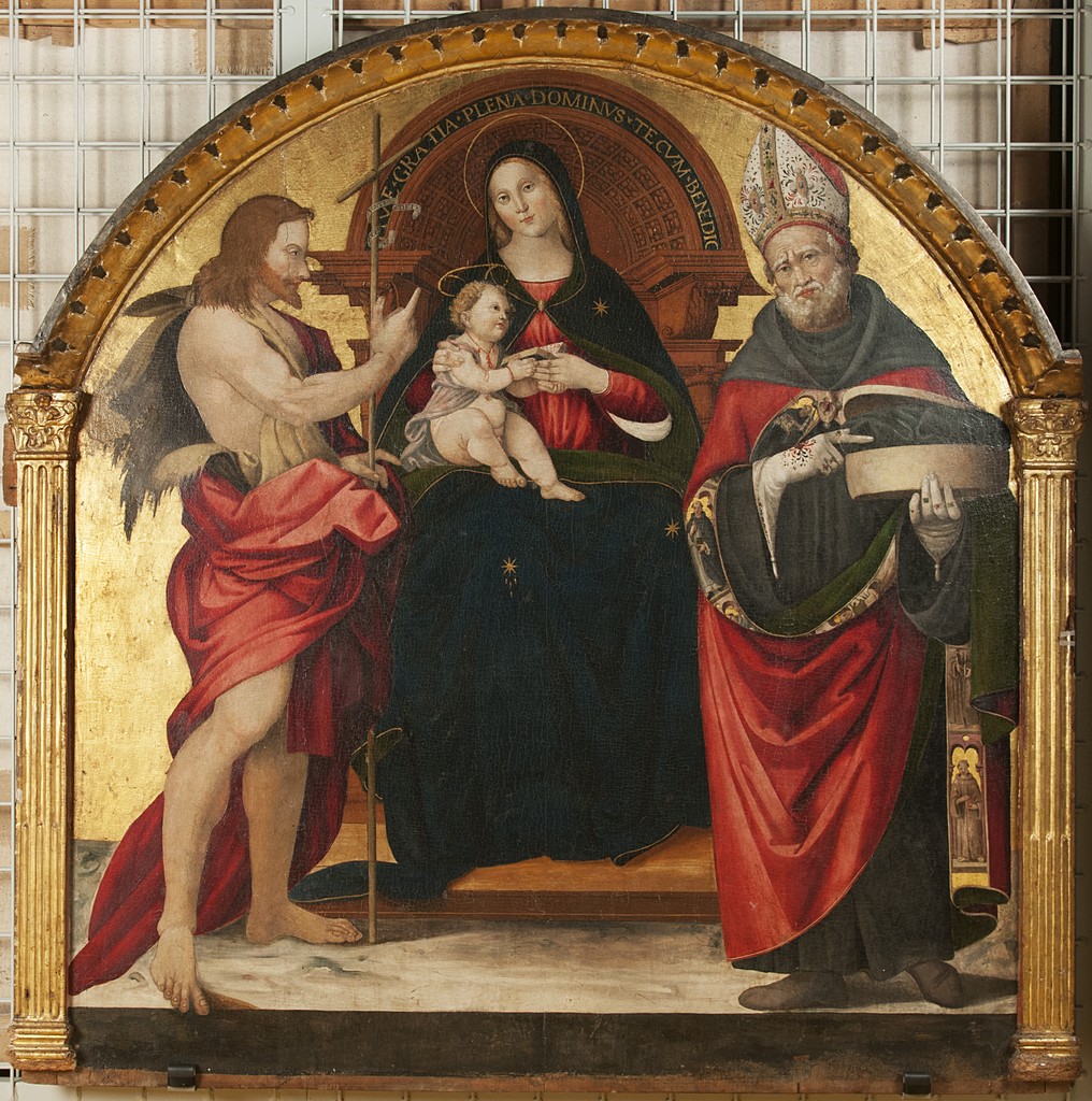 Madonna con Gesù Bambino tra San Giovanni Battista e Sant'Eutizio (pala d'altare, opera isolata) di Giacomo di Giovanni Frio Iucciaroni (attribuito) (inizio sec. XVI)