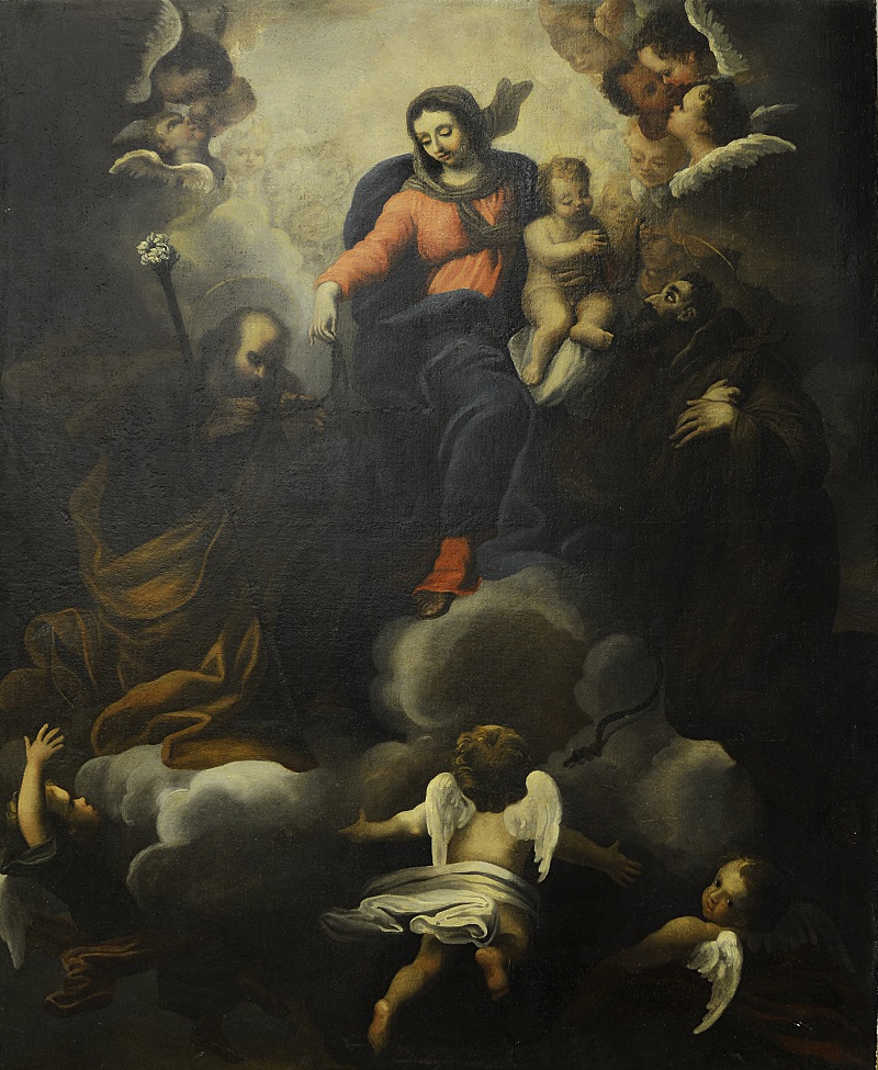 Madonna del Rosario tra San Giuseppe, San Francesco e angeli (dipinto, opera isolata) - bottega Italia centrale (seconda metà XVII)