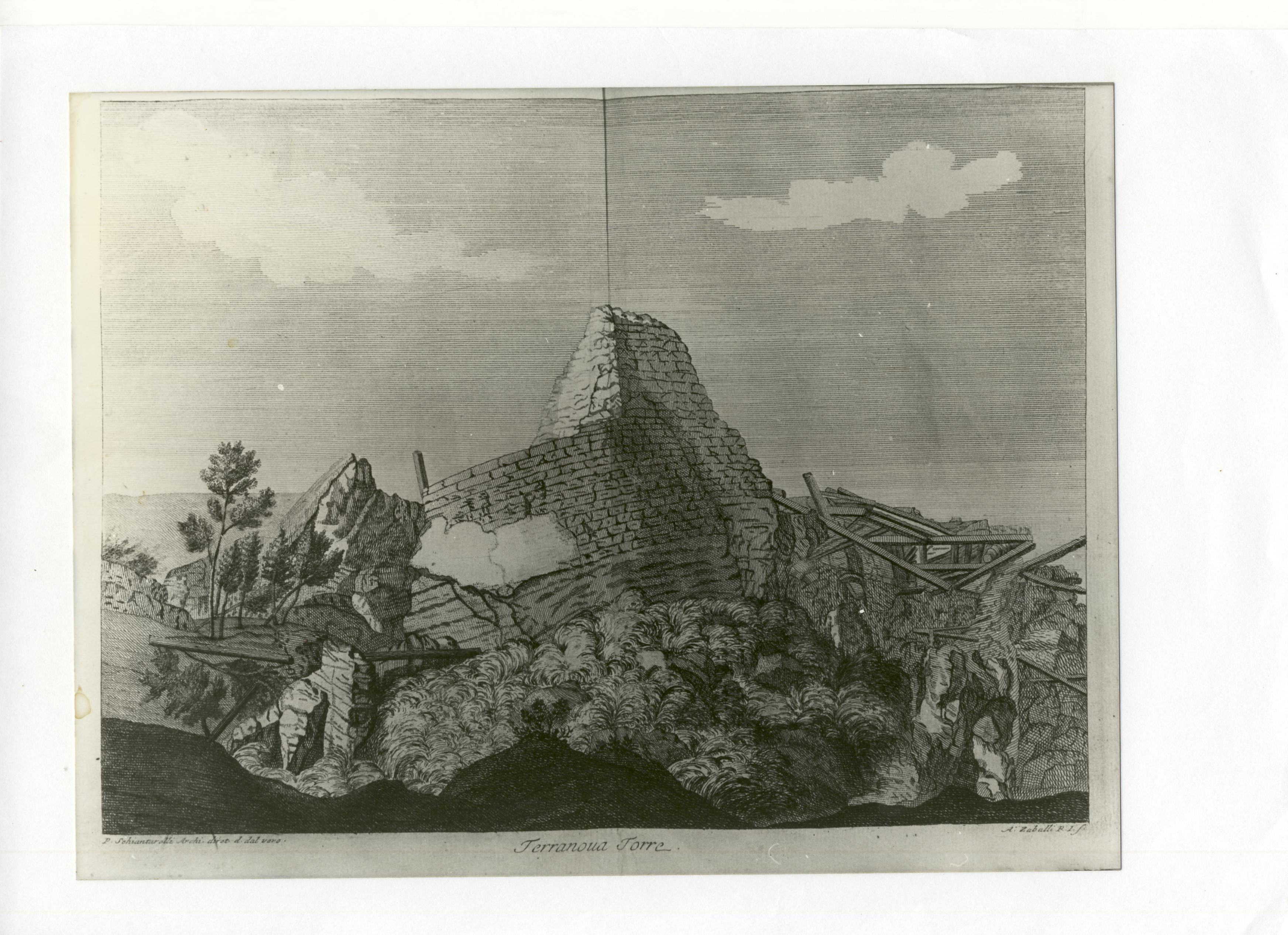 paesaggio con torre distrutta dal terremoto (stampa, serie) di Schiantarelli Pompeo, Zaballi Antonio (XVIII)