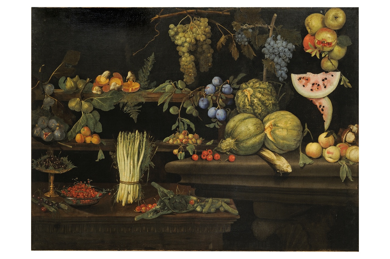 natura morta di verdura e frutta (dipinto) - ambito romano (primo quarto sec. XVII)