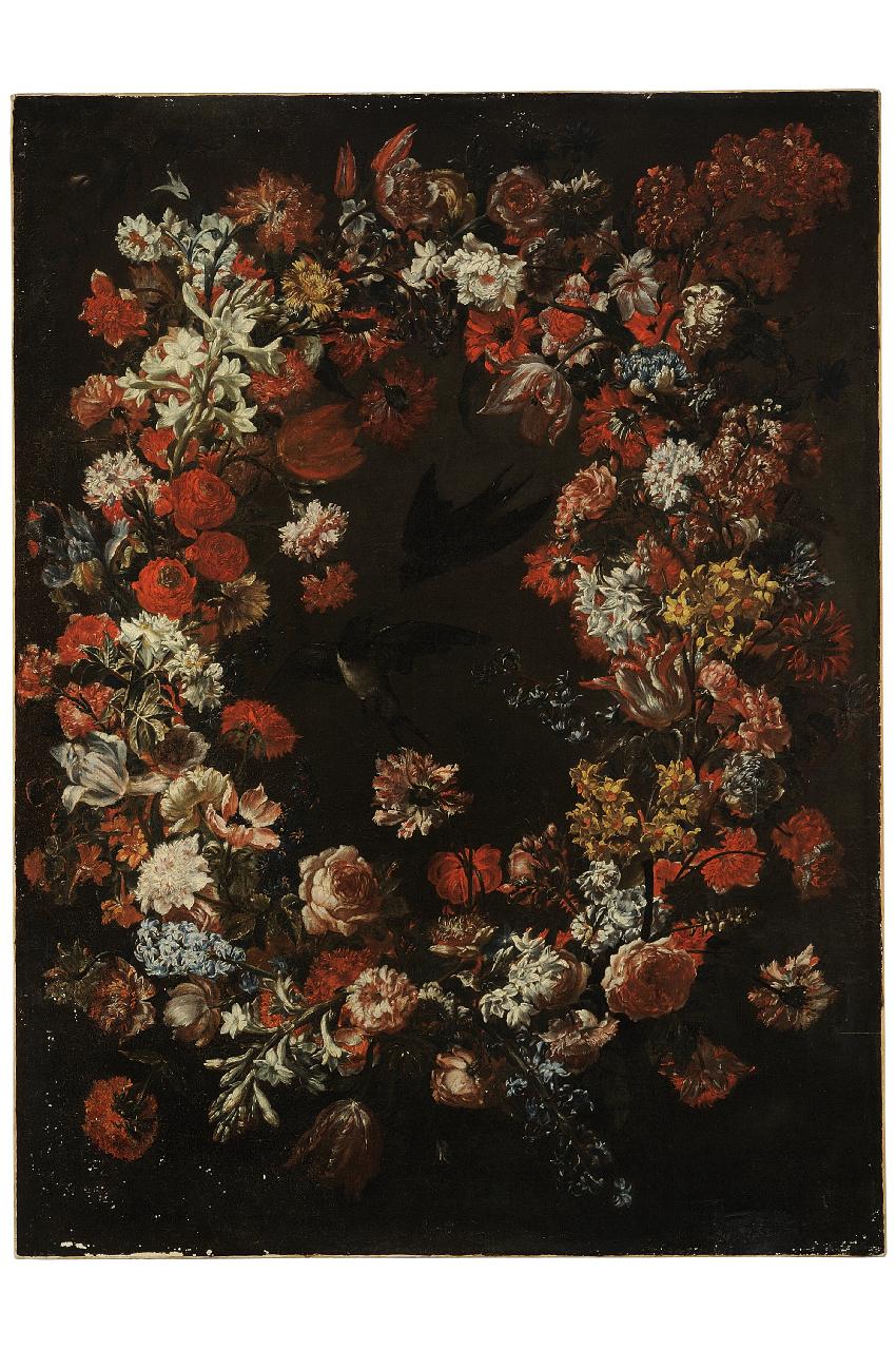 ghirlanda gi fiori con rondini (dipinto) di Bimbi Bartolomeo (seconda metà sec. XVII)