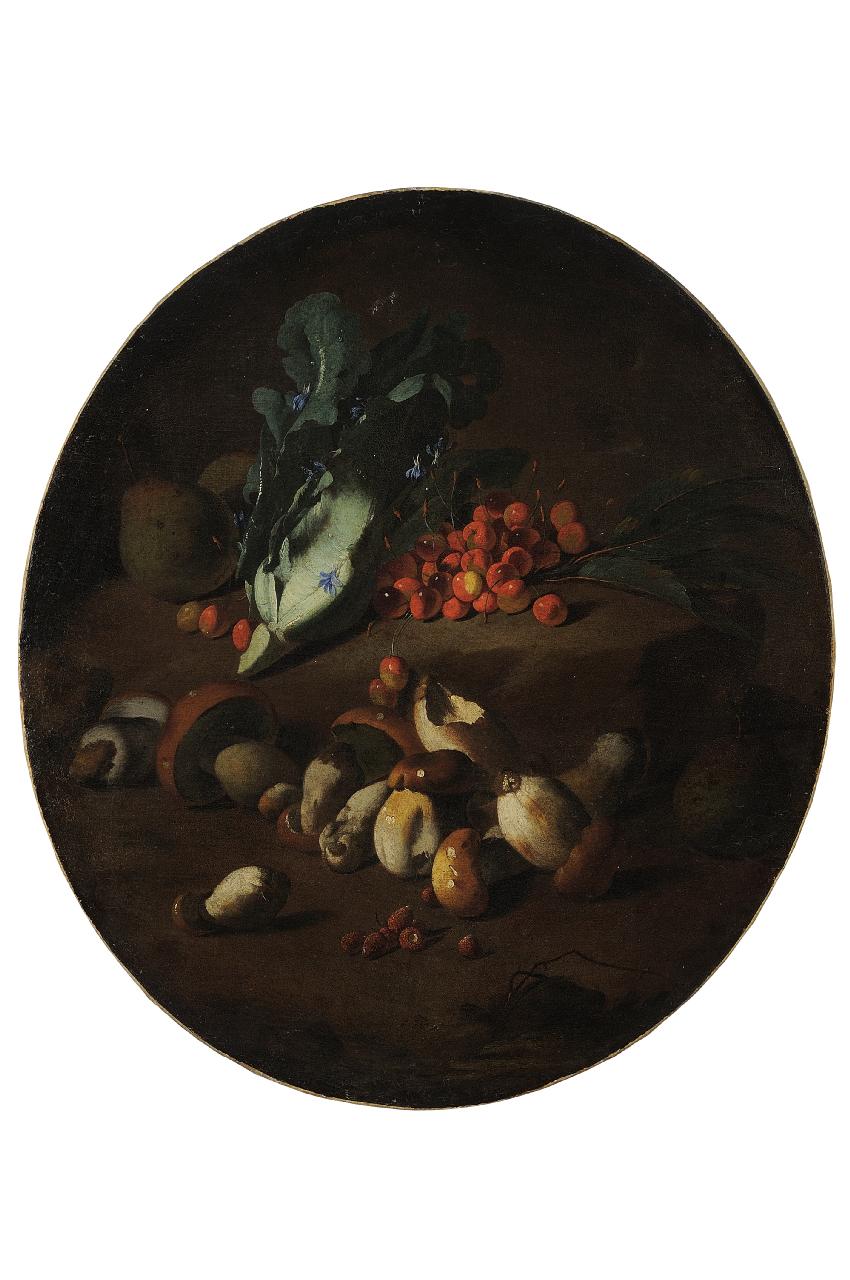 natura mortacon frutta, funghi e ortaggi (dipinto) di Pseudo Fardella (seconda metà sec. XVII)