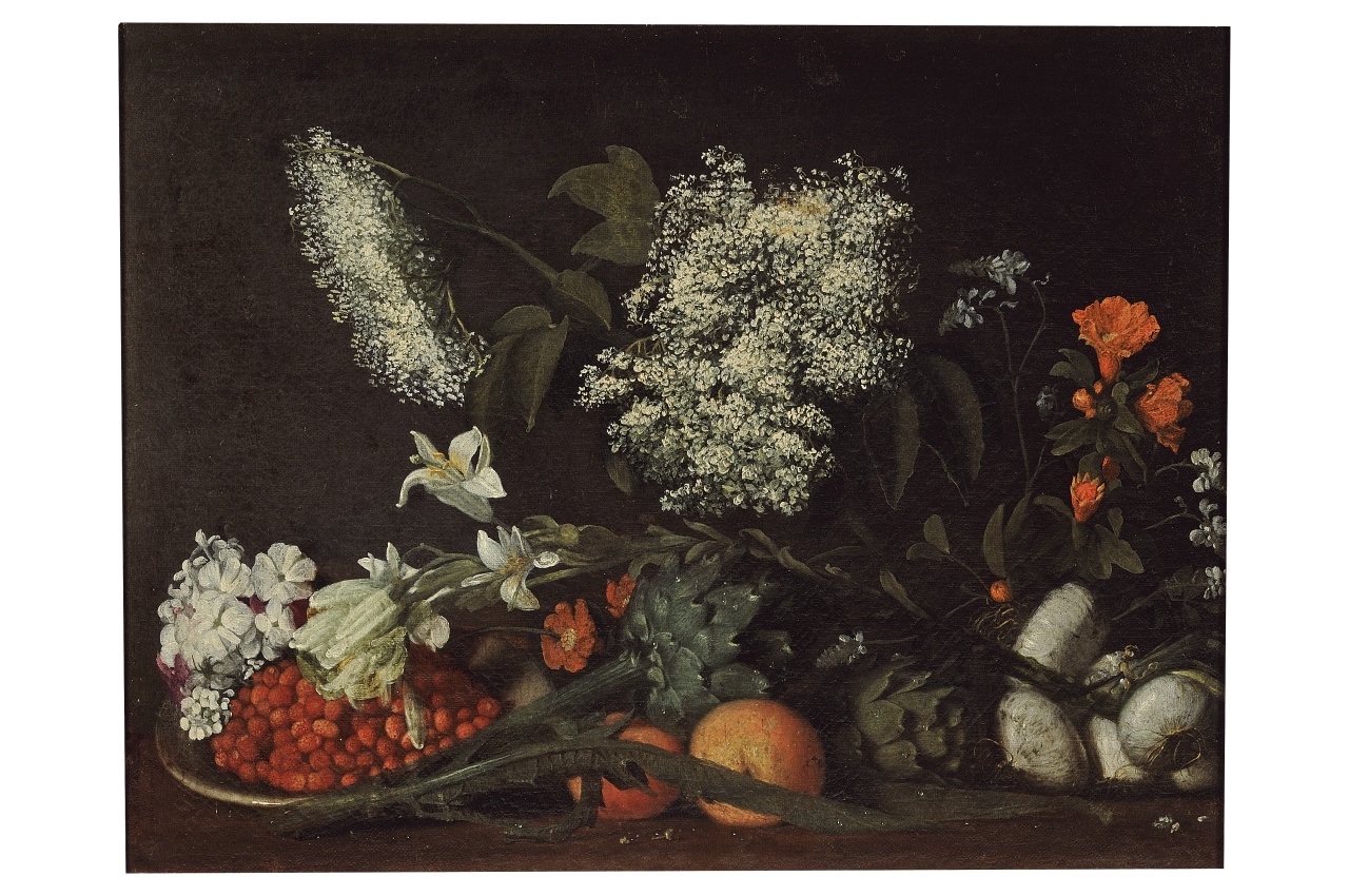 natura morta con fiori, frutta e verdure (dipinto) - ambito toscano (secondo quarto sec. XVII)