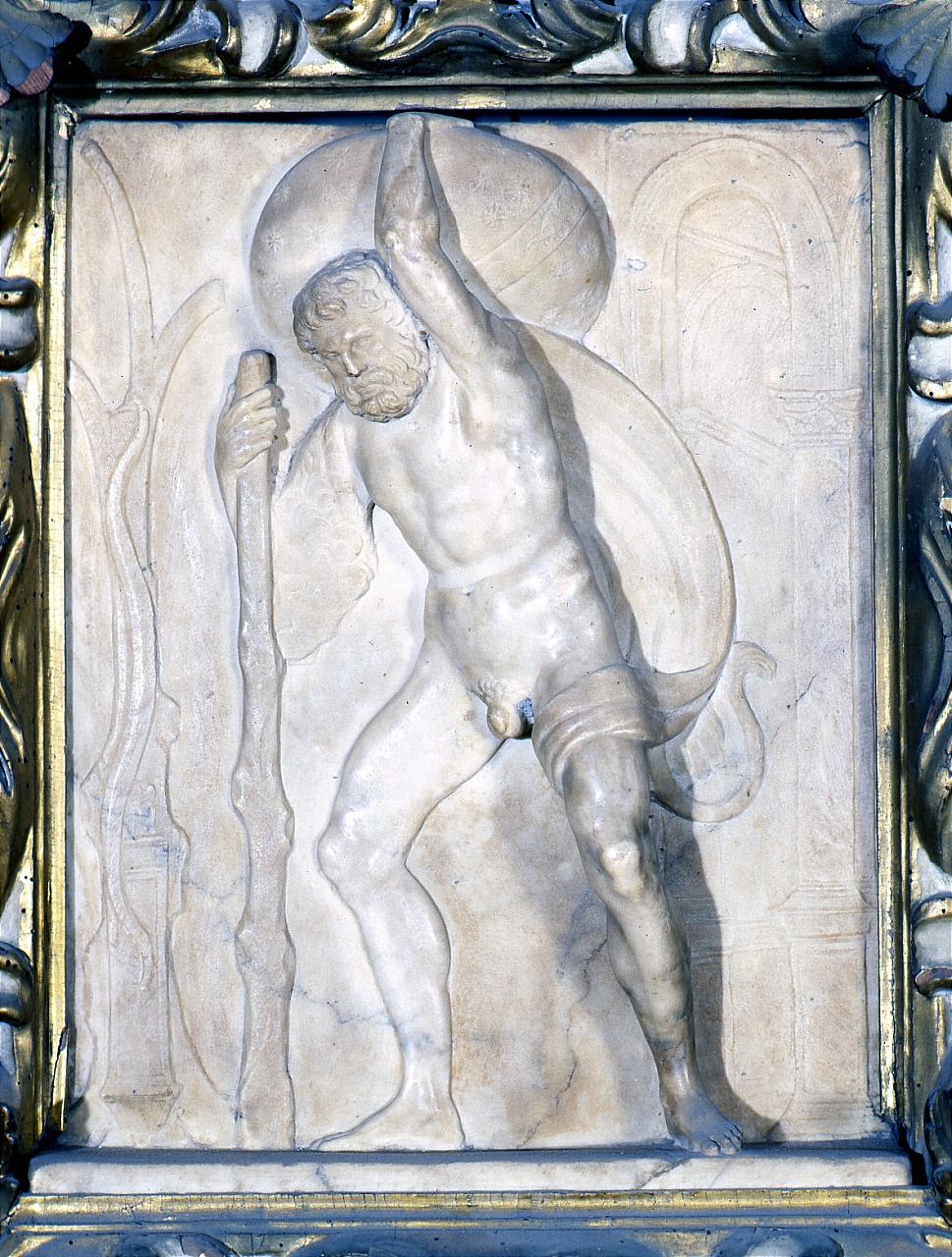 Ercole sostiene il globo terrestre (rilievo) - bottega toscana (inizio sec. XVI)