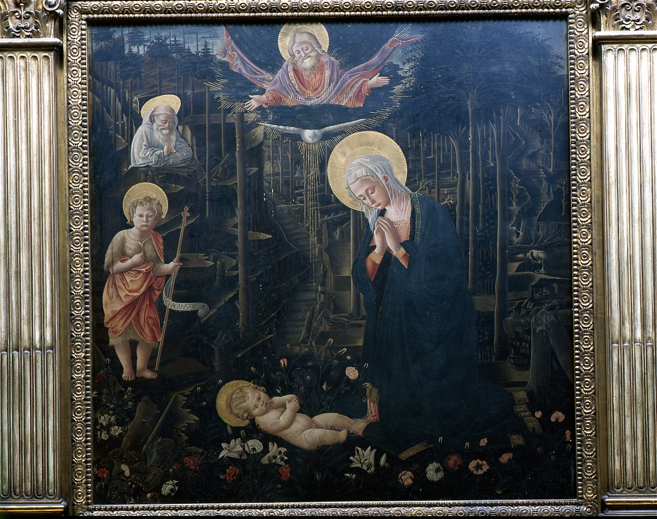 adorazione di Gesù Bambino con Dio Padre, la Madonna, San Giovannino e San Benedetto (dipinto) di Pseudo Pier Francesco Fiorentino (sec. XV)
