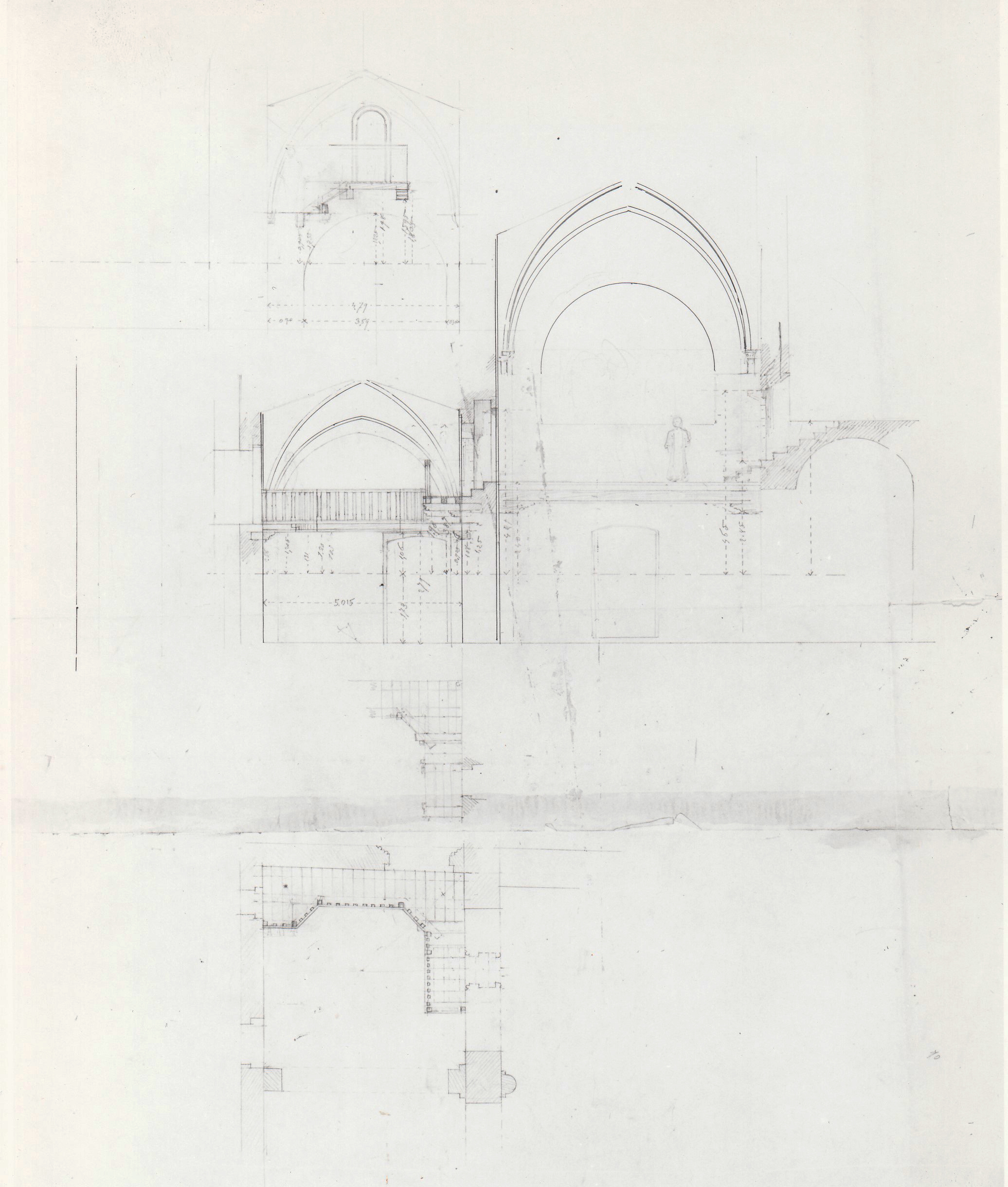 Abbazia di S. Antonio di Ranverso a Buttigliera Alta (TO)/ chiesa/ cantoria/ prospetti e pianta della cantoria nella navata destra e centrale (disegno architettonico) - ambito piemontese 