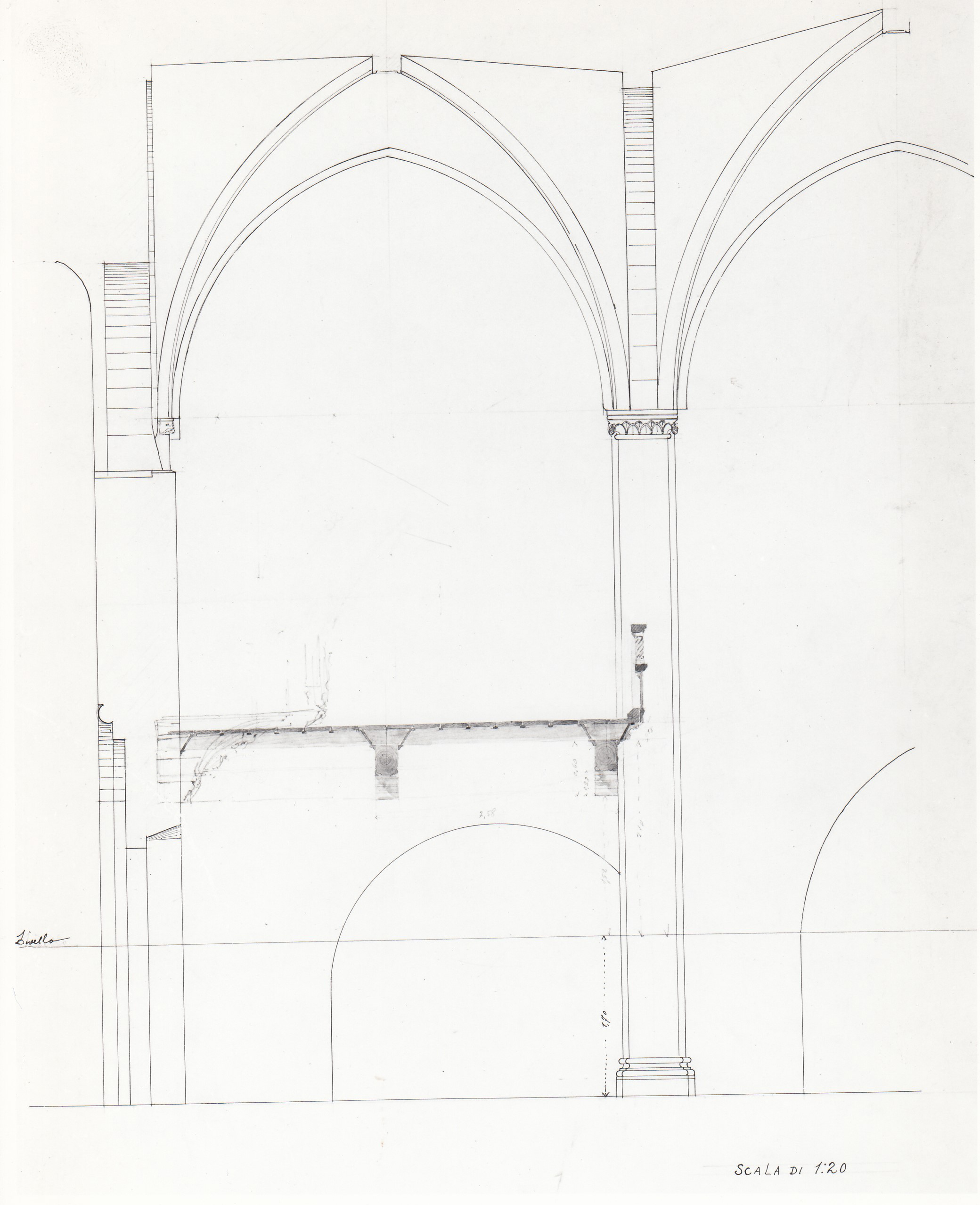 Abbazia di S. Antonio di Ranverso a Buttigliera Alta (TO)/ chiesa/ cantoria/ sezione longitudinale verso nord sulla prima cappella (disegno architettonico) - ambito piemontese 