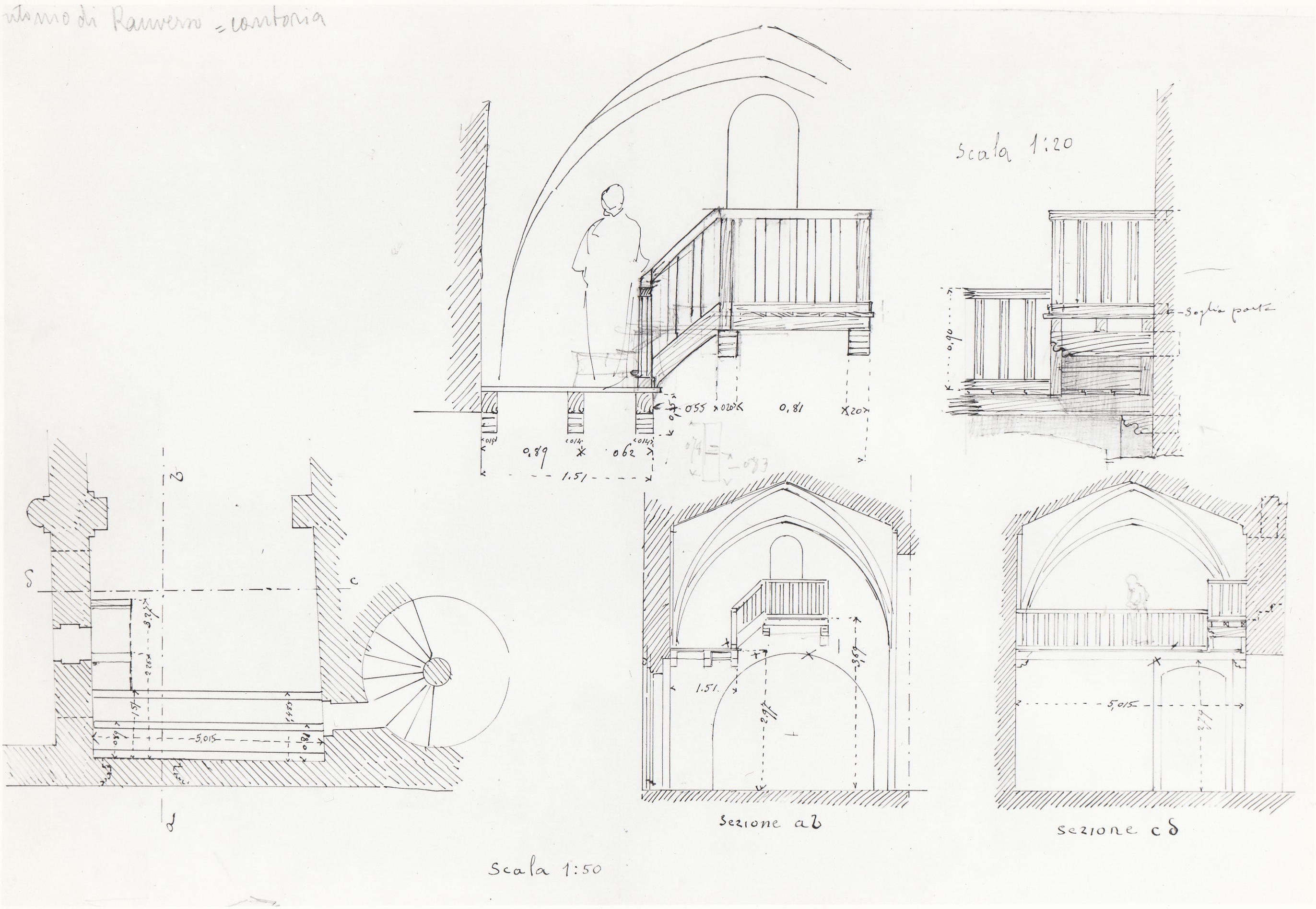 Interno di Ranverso/ cantoria, Abbazia di S. Antonio di Ranverso a Buttigliera Alta (TO)/ chiesa/ cantoria/ pianta, prospetti, Sezione AB e Sezione CD sulla nave destra (disegno architettonico) - ambito piemontese 