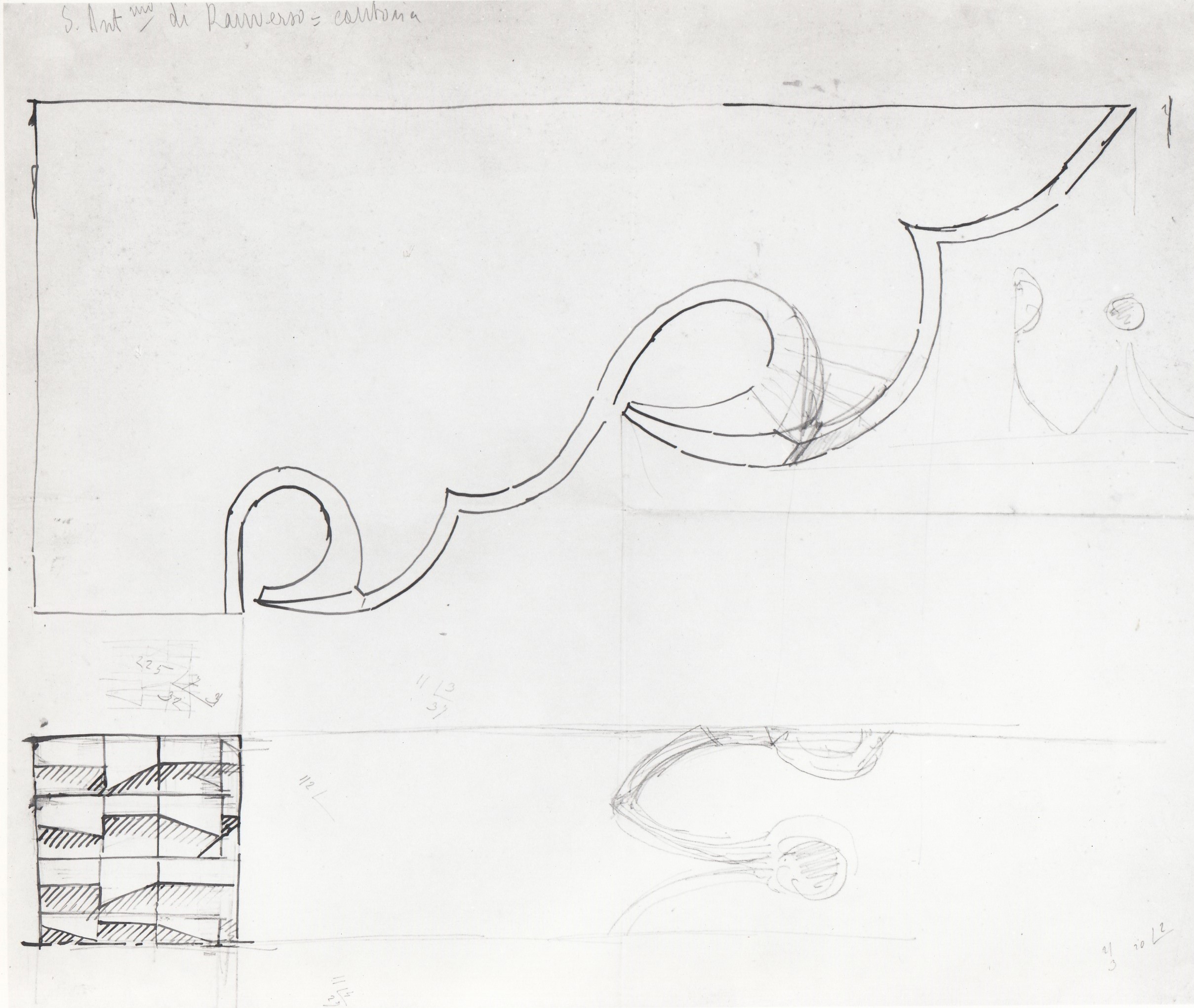 Sant'Antonio di Ranverso/ cantoria, Abbazia di S. Antonio di Ranverso a Buttigliera Alta (TO)/ chiesa/ cantoria/ prospetto e sezione longitudinale (disegno architettonico) - ambito piemontese 