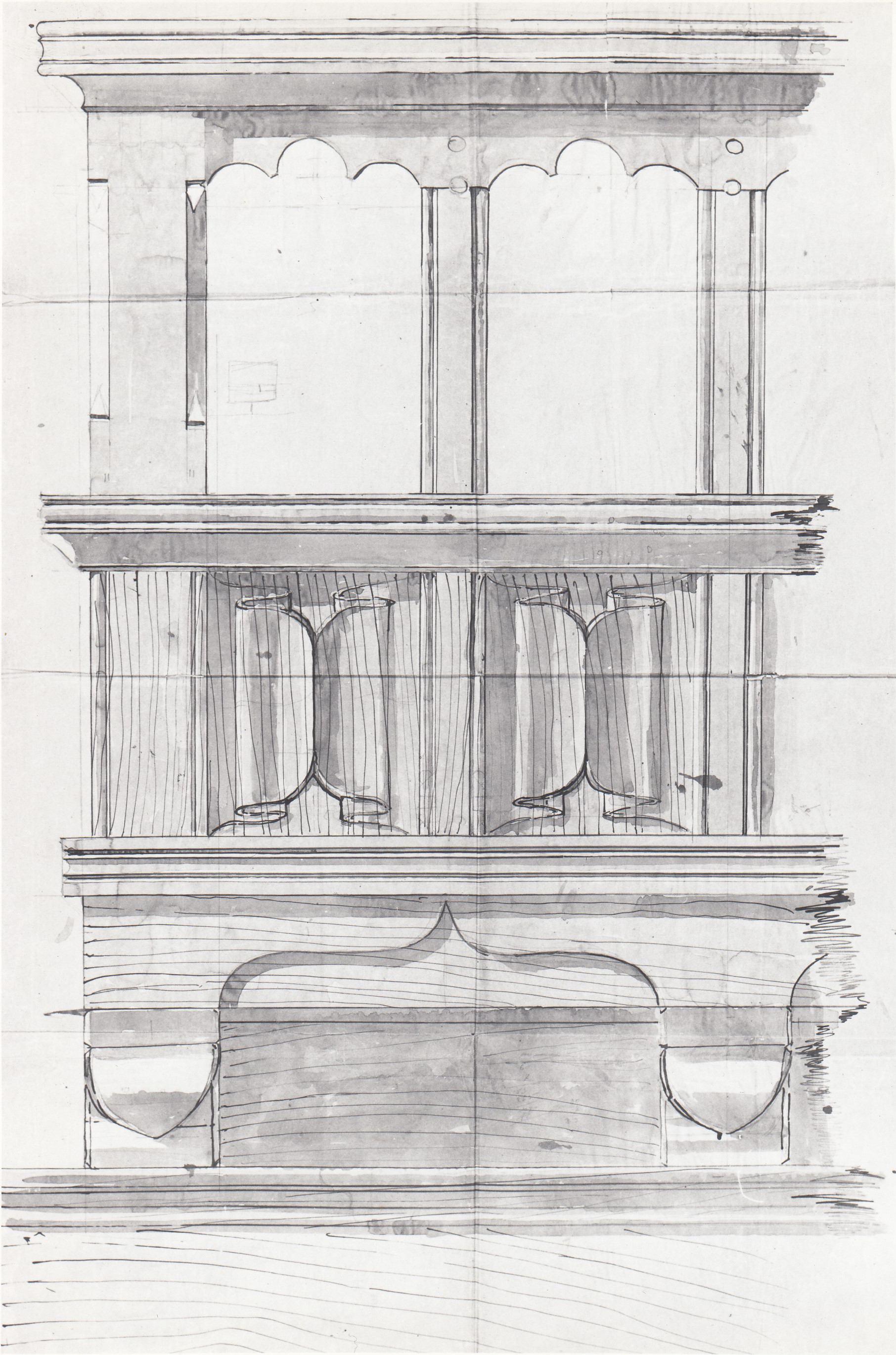 Abbazia di S. Antonio di Ranverso a Buttigliera Alta (TO)/ chiesa/ cantoria/ particolare del prospetto di una balaustra (disegno architettonico) - ambito piemontese 