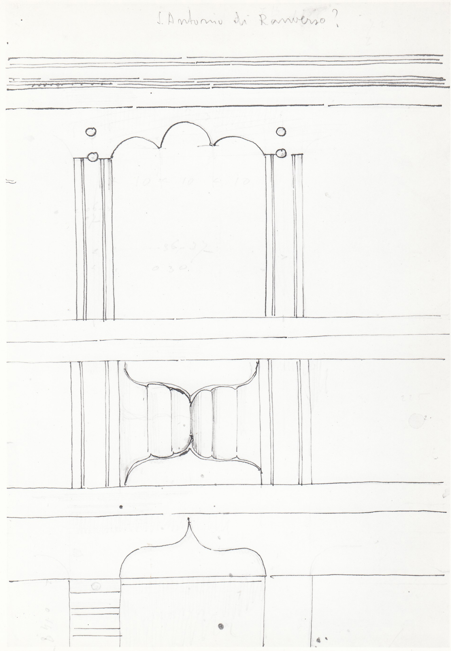 Abbazia di S. Antonio di Ranverso a Buttigliera Alta (TO)/ chiesa/ cantoria/ prospetto della balaustra (disegno architettonico) - ambito piemontese 
