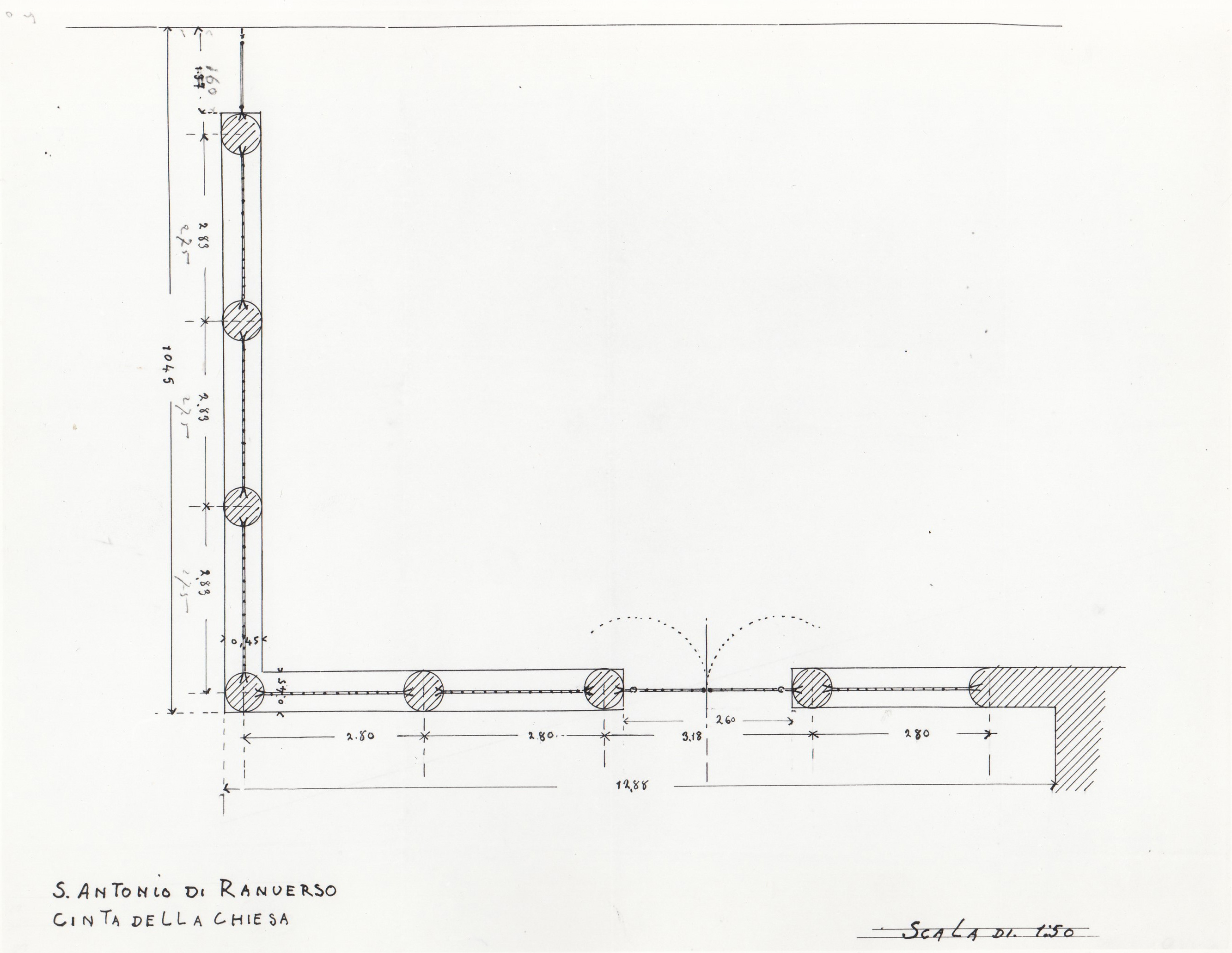 S. Antonio d Ranverso/ Cinta della chiesa, Abbazia di S. Antonio di Ranverso a Buttigliera Alta (TO)/ chiesa/ cinta/ sezione orizzontale (disegno tecnico) - ambito piemontese 