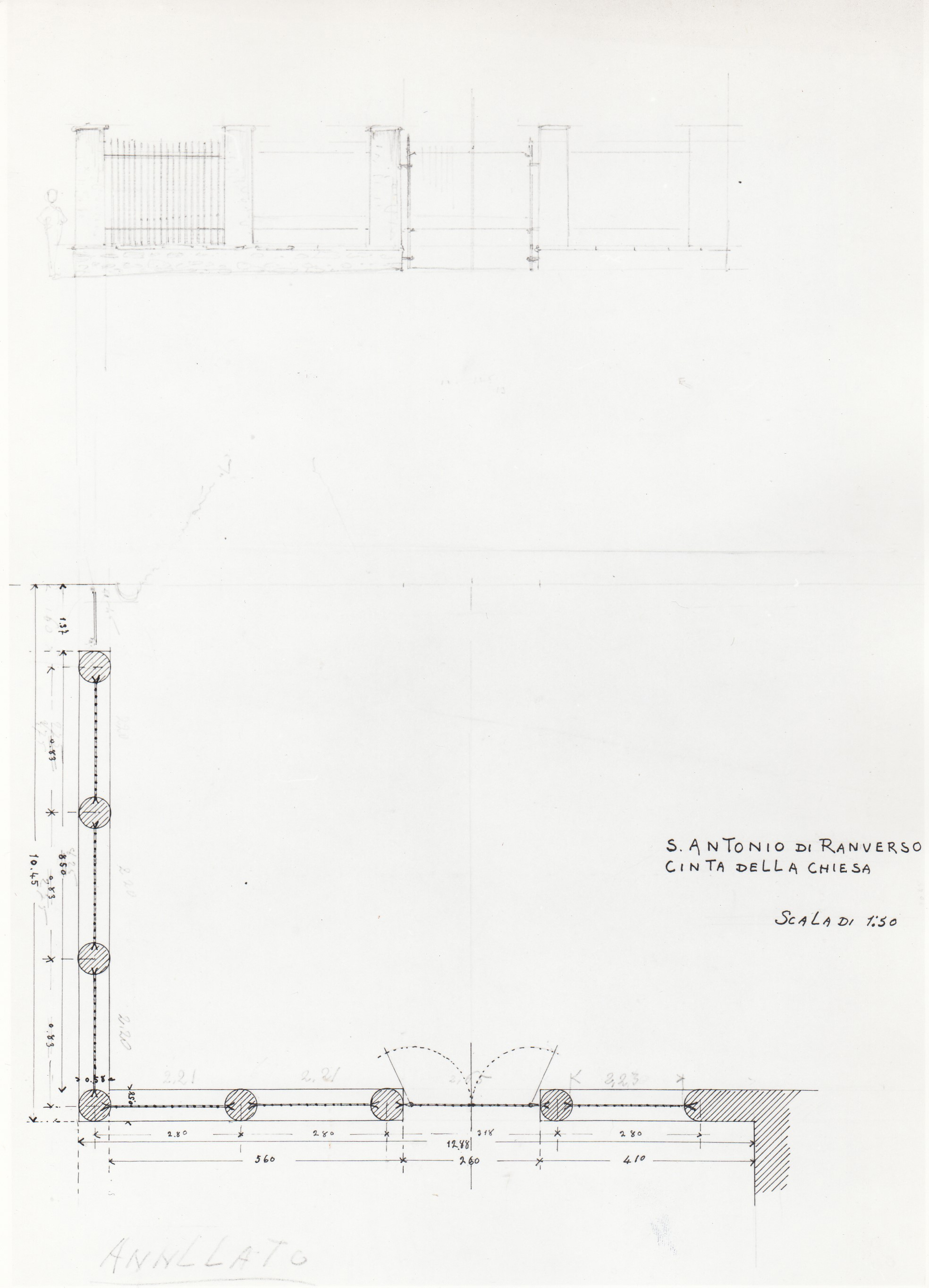 S. Antonio di Ranverso/ Cinta della Chiesa, Abbazia di S. Antonio di Ranverso a Buttigliera Alta (TO)/ chiesa/ cinta/ prospetto e sezione orizzontale (disegno tecnico) - ambito piemontese 