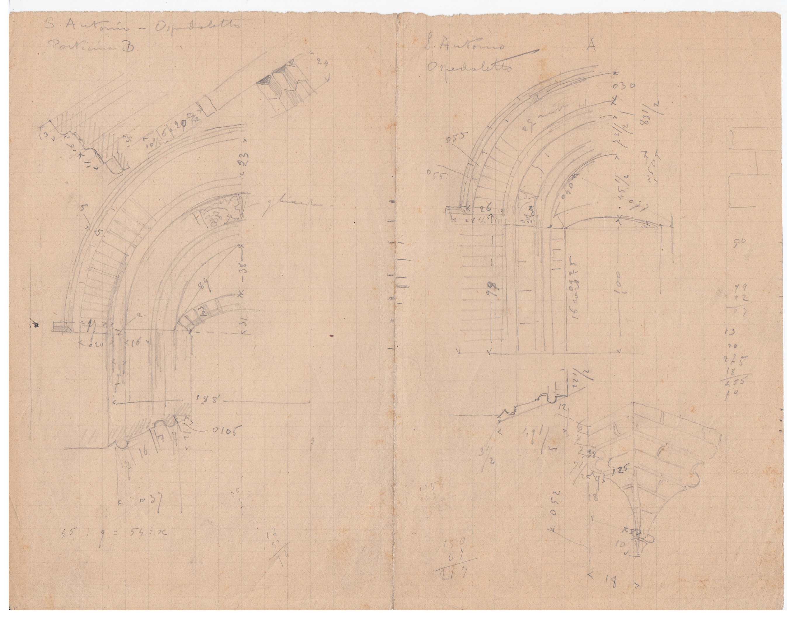 S. Antonio. Ospedaletto. Portoncino B, Abbazia di S. Antonio di Ranverso a Buttigliera Alta (TO)/ ospedale/ proseptto e sezione orizzontale di portoncino e assonometria di peduccio (disegno) - ambito piemontese 