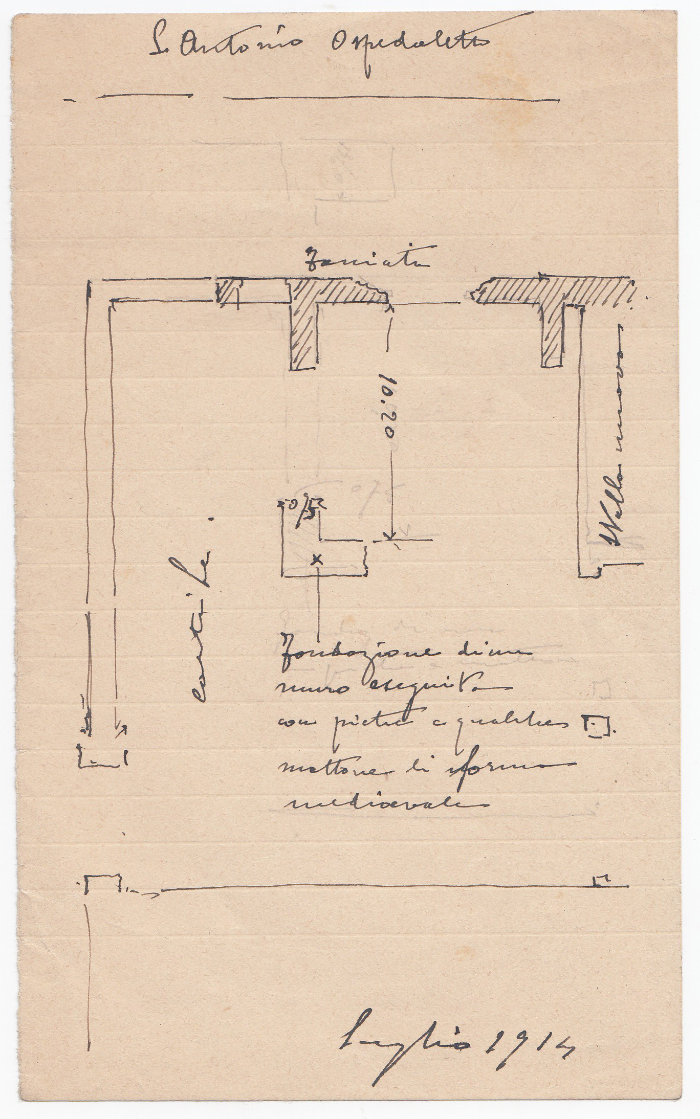 S. Antonio Ospedaletto. Fondazione di un muro eseguito con pietre e qualche mattone di forma medioevale, Abbazia di S. Antonio di Ranverso a Buttigliera Alta (TO)/ ospedaletto/ fondazione muro/ pianta (disegno architettonico) - ambito piemontese (XX)