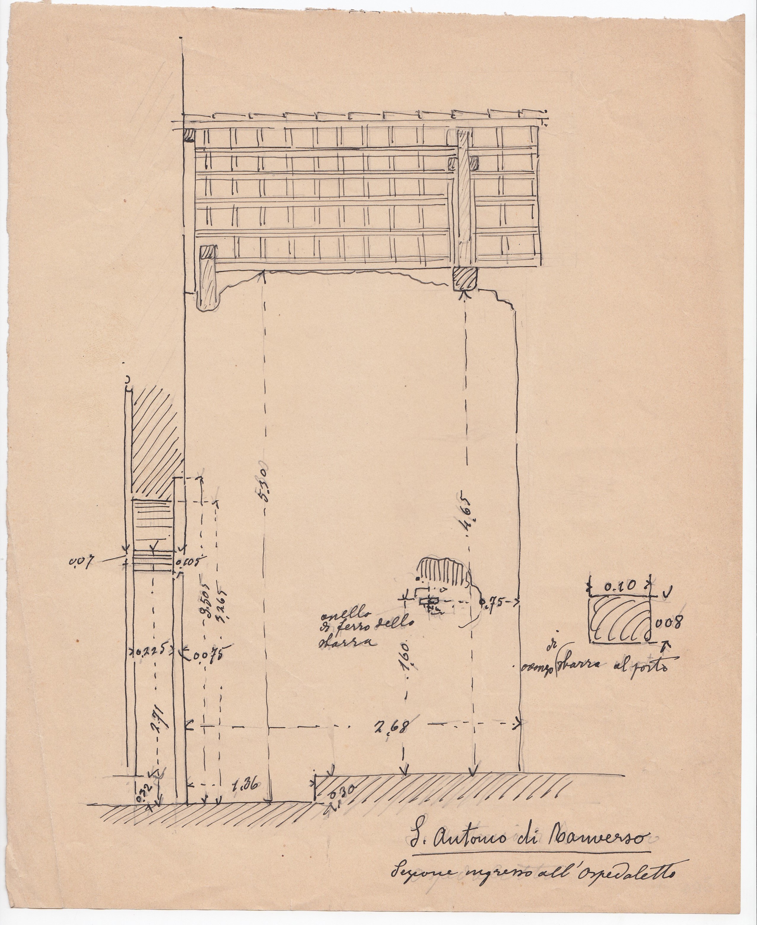 Sezione ingresso all'Ospedaletto, Abbazia di S. Antonio di Ranverso a Buttigliera Alta (TO)/ ospedaletto/ ingresso/ sezione (disegno architettonico) - ambito piemontese 