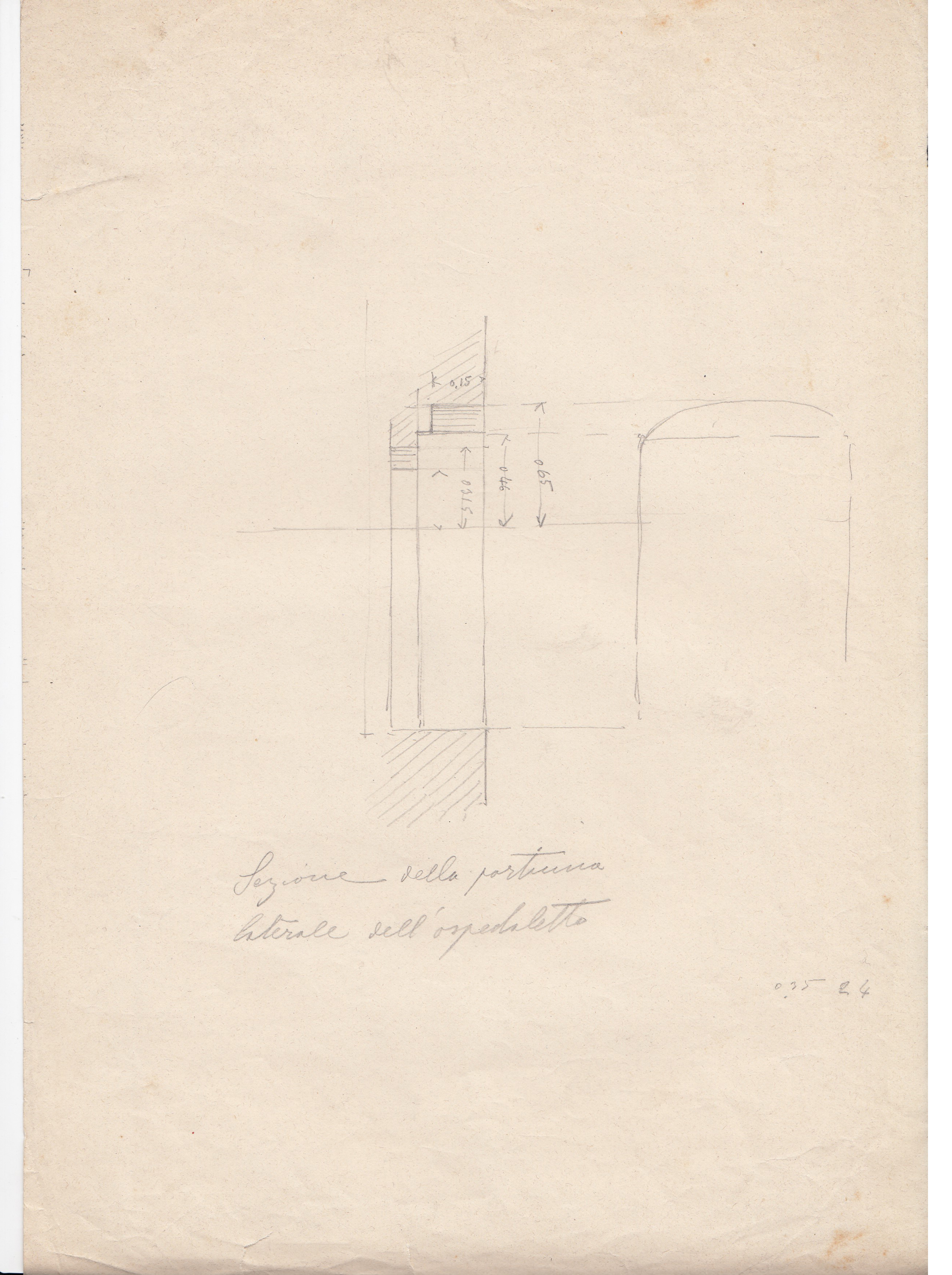 Sezione della portoncina laterale dell'ospedaletto, Abbazia di S. Antonio di Ranverso a Buttigliera Alta (TO)/ ospedaletto/ portoncino laterale/ sezione (disegno architettonico) - ambito piemontese 