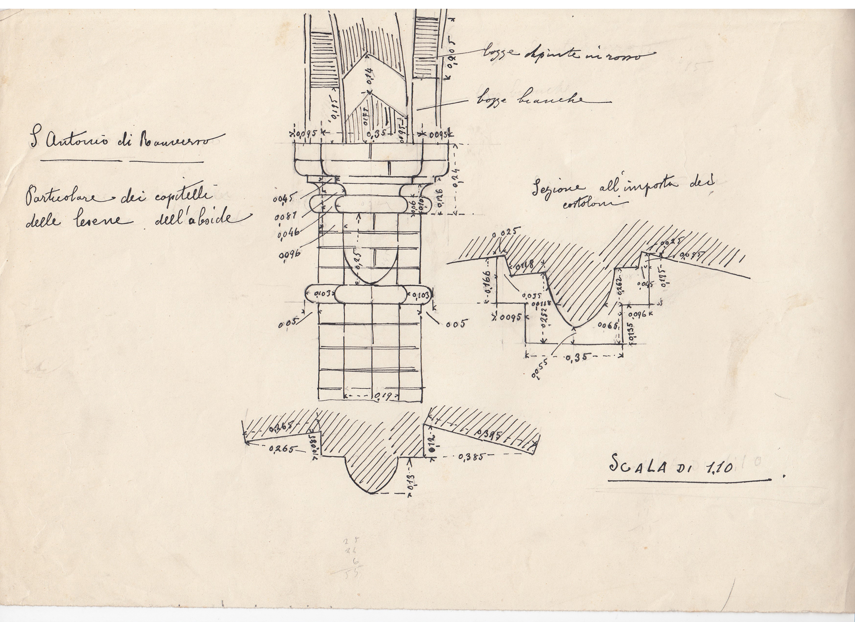 S. Antonio di Ranverso. Particolari dei capitelli delle lesene. Sezione dell'imposta dei costoloni dell'abside, Abbazia di S. Antonio di Ranverso a Buttigliera Alta (TO)/ abside/ capitelli delle lesene e imposta dei costoloni/ prospetto e sezione (disegno architettonico) - ambito piemontese 