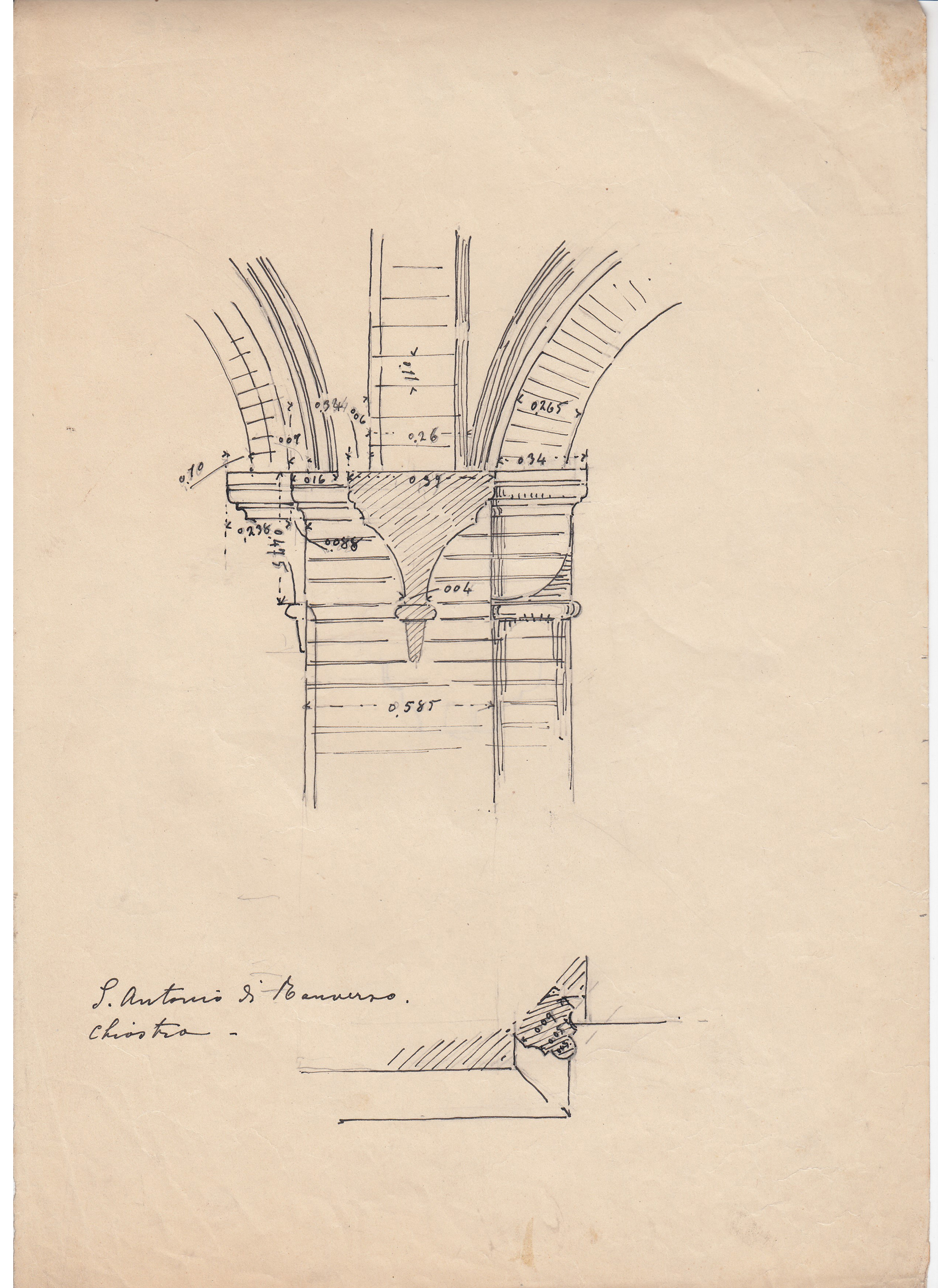 S. Antonio di Ranverso. Chiostro, Abbazia di S. Antonio di Ranverso a Buttigliera Alta (TO)/ / chiostro/ peduccio di volta/ prospetto e sezione orizzontale (disegno architettonico) - ambito piemontese 