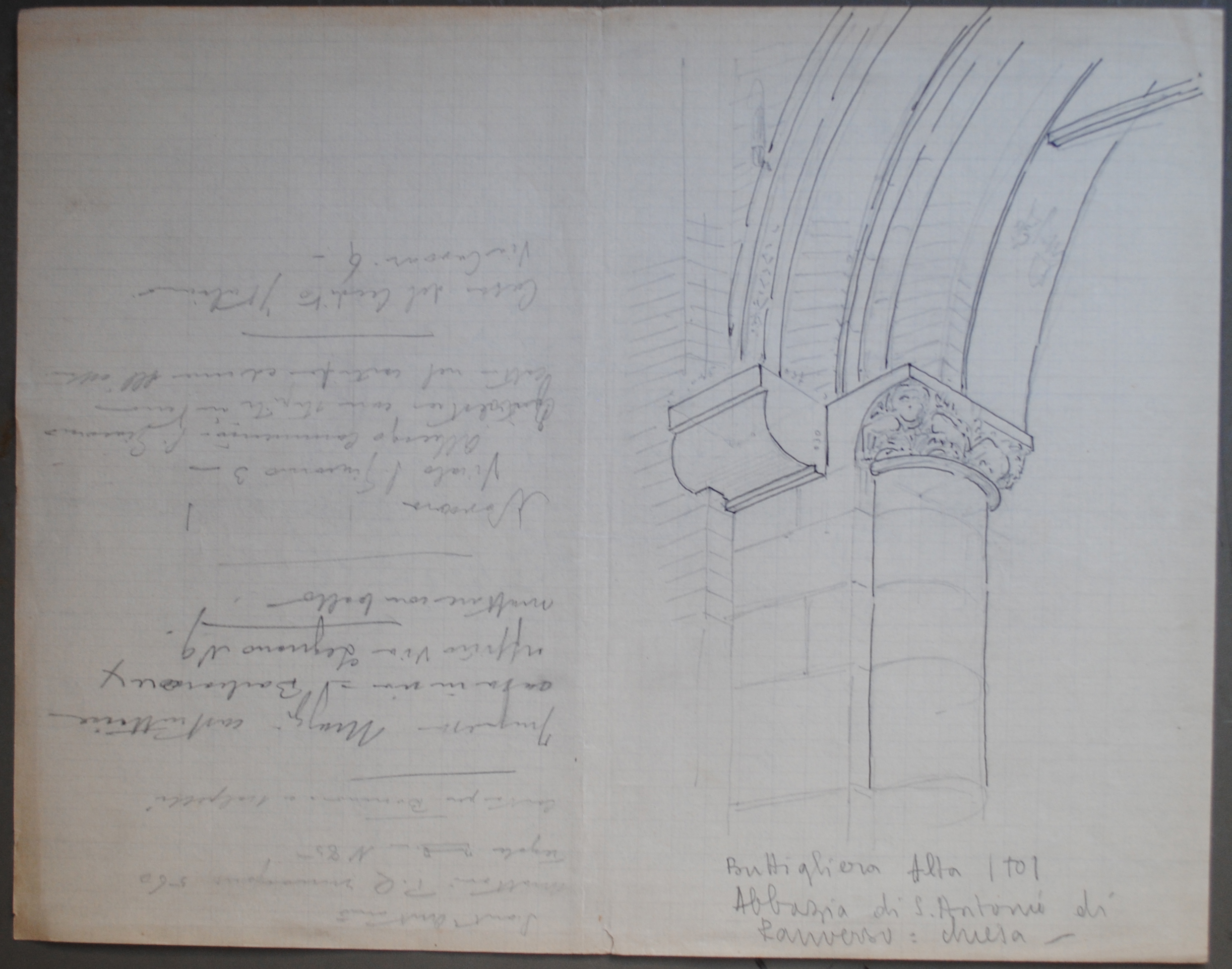 Buttigliera Alta (TO). Abbazia di S. Antonio di Ranverso: chiesa, Abbazia di S. Antonio di Ranverso a Buttigliera Alta (TO)/ chiesa/ capitello/ prospettiva (disegno architettonico) - ambito piemontese 