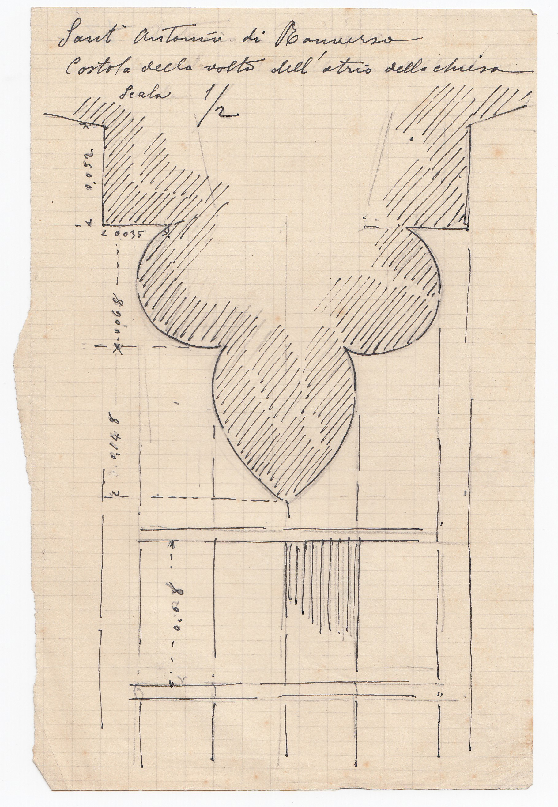 S. Antonio di Ranverso. Costola della volta dell'atrio della chiesa, Abbazia di S. Antonio di Ranverso a Buttigliera Alta (TO)/ chiesa/ atrio/ costola della volta/ sezione verticale (disegno architettonico) - ambito piemontese 