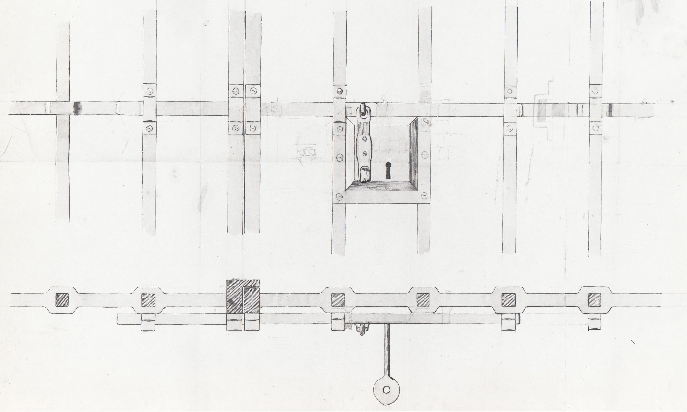 Particolare al vero della serratura del cancello dell'atrio, Abbazia di S. Antonio di Ranverso a Buttigliera Alta (TO)/ chiesa/ cancellata/ serratura inferriata/ prospetto e sezione orizzontale (disegno) - ambito piemontese 